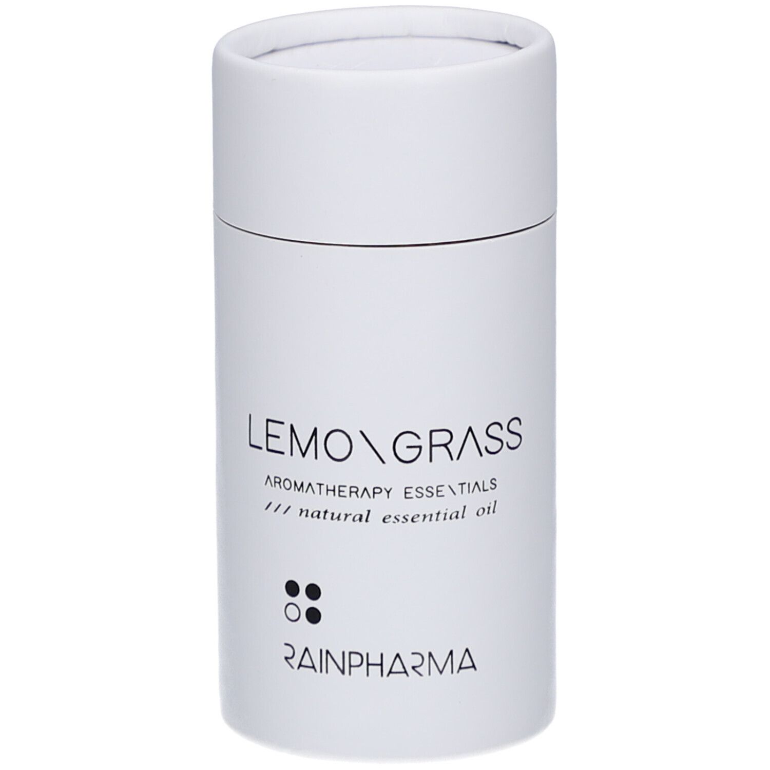 Weiße zylindrische Verpackung. Aufschrift: LEMONGRASS, RainPharma Logo.