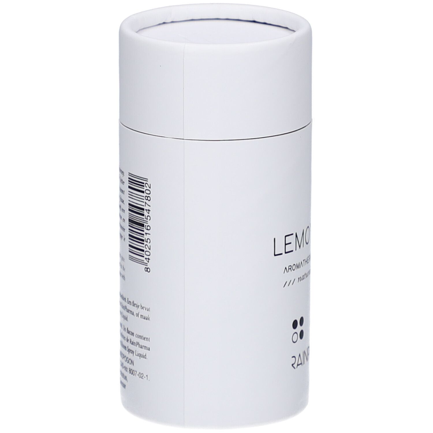 Weiße zylindrische Verpackung. Aufschrift: LEMONGRASS, RainPharma Logo. Barcode.