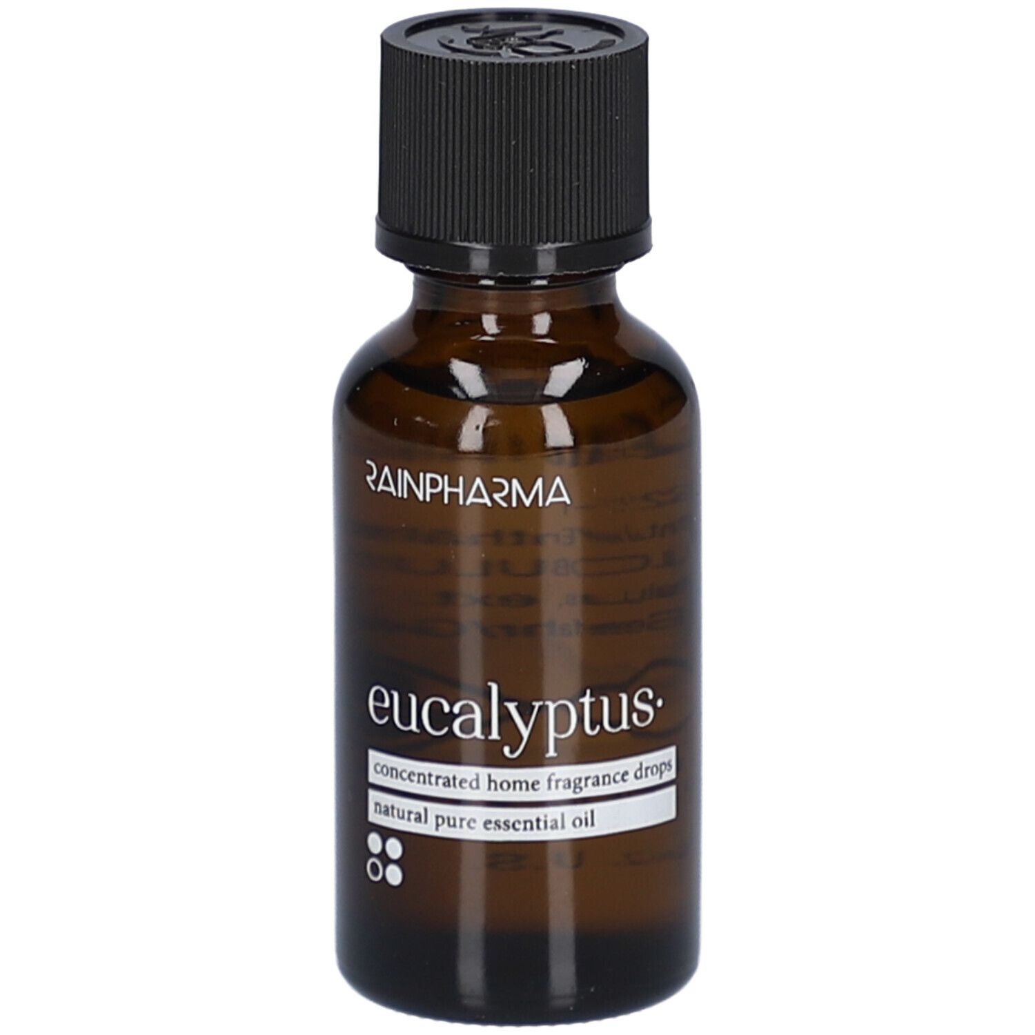 Braune Glasflasche mit schwarzem Deckel. Aufschrift: RainPharma, eucalyptus, concentrated home fragrance drops, natural pure essential oil.