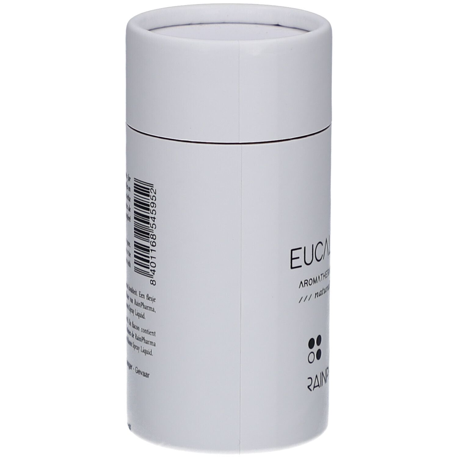 Weiße zylindrische Verpackung. Aufschrift: Eucalyptus, Aromatherapy essentials, RainPharma. Rückseite mit Text und Barcode.