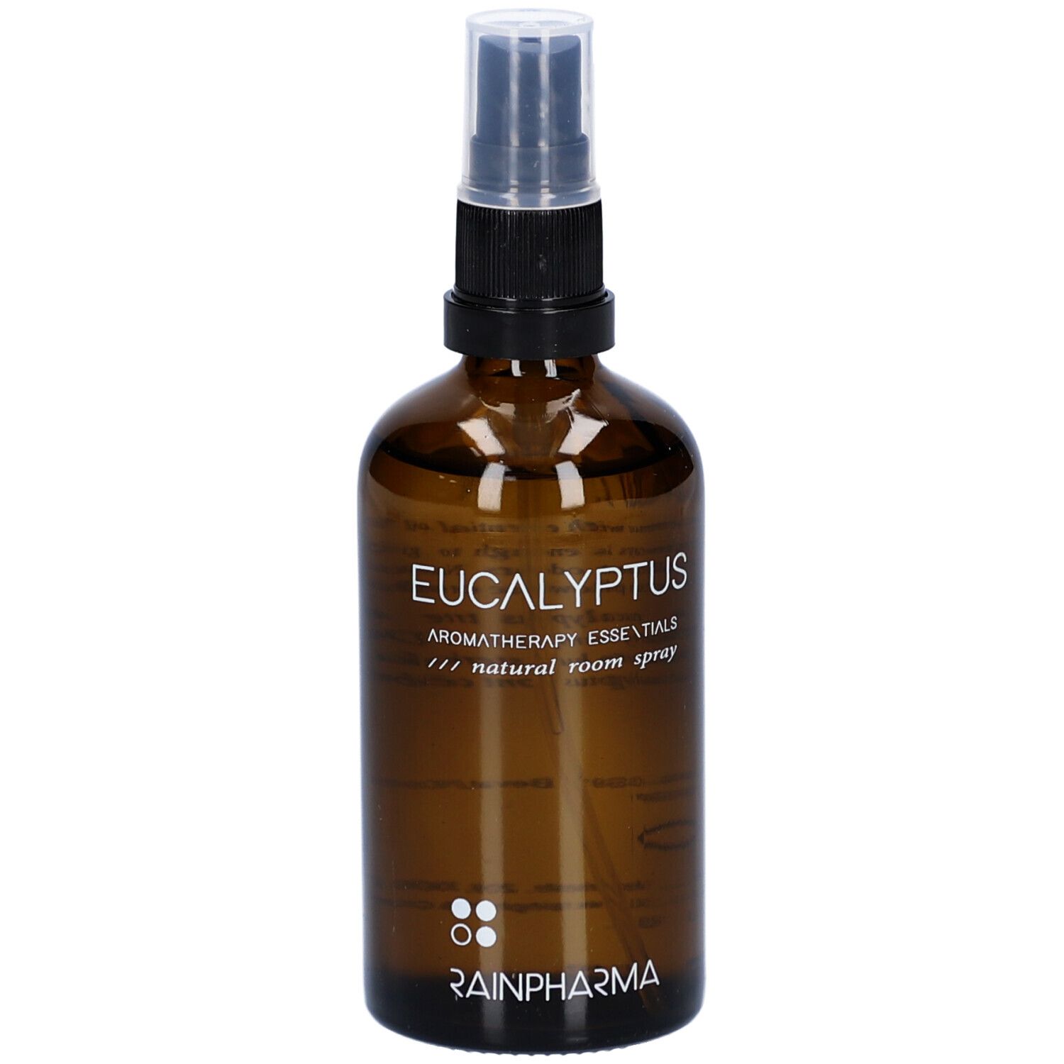 Braune Glasflasche mit Sprühkopf. Aufschrift: Eucalyptus, Aromatherapy Essentials, natural room spray. Logo Rainpharma.