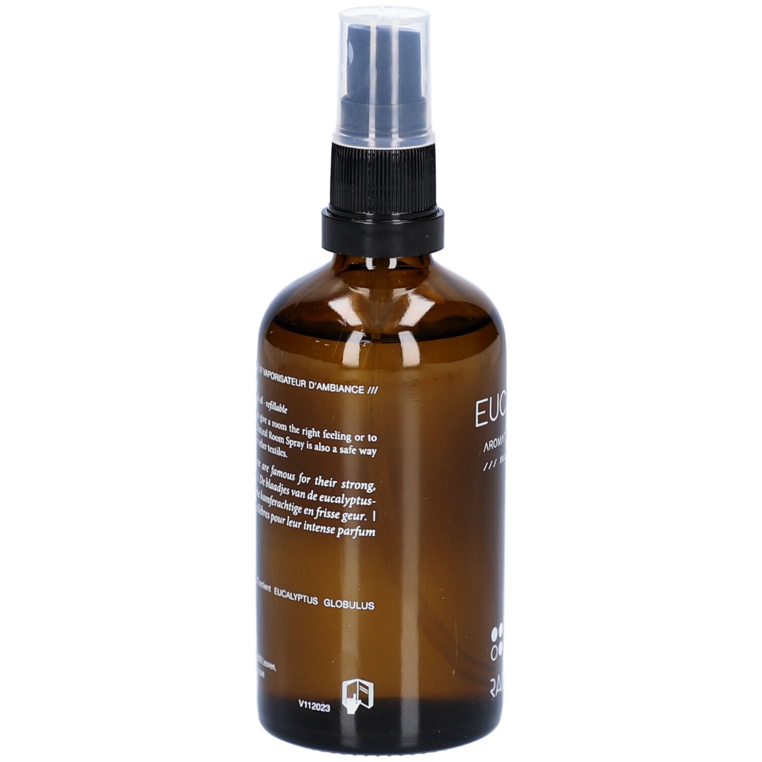 Braune Glasflasche mit Sprühkopf. Text: Raumduft, Eucalyptus Globulus. Text in Englisch und Französisch. Logo Rainpharma.