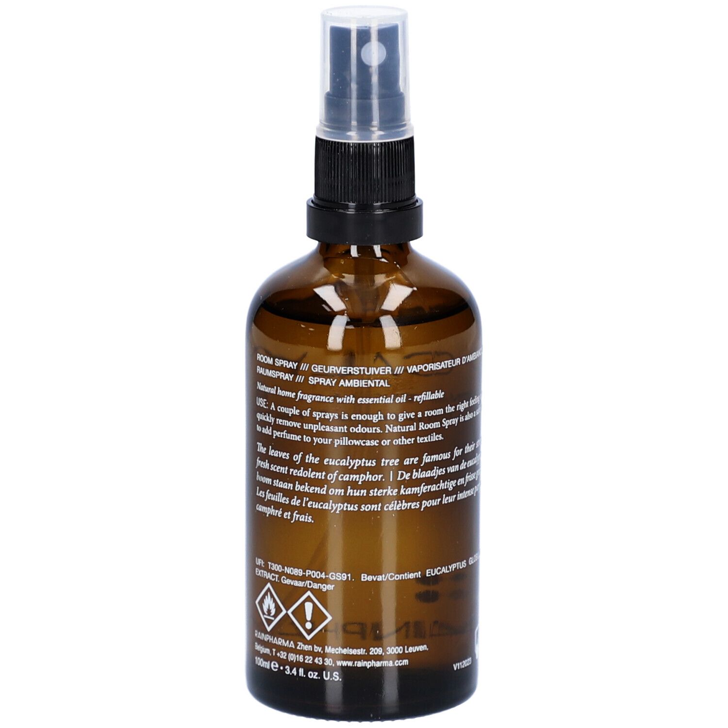 Braune Glasflasche mit Sprühkopf. Text: Raumduft, Eucalyptus Globulus. Text in Englisch und Französisch. Logo Rainpharma.
