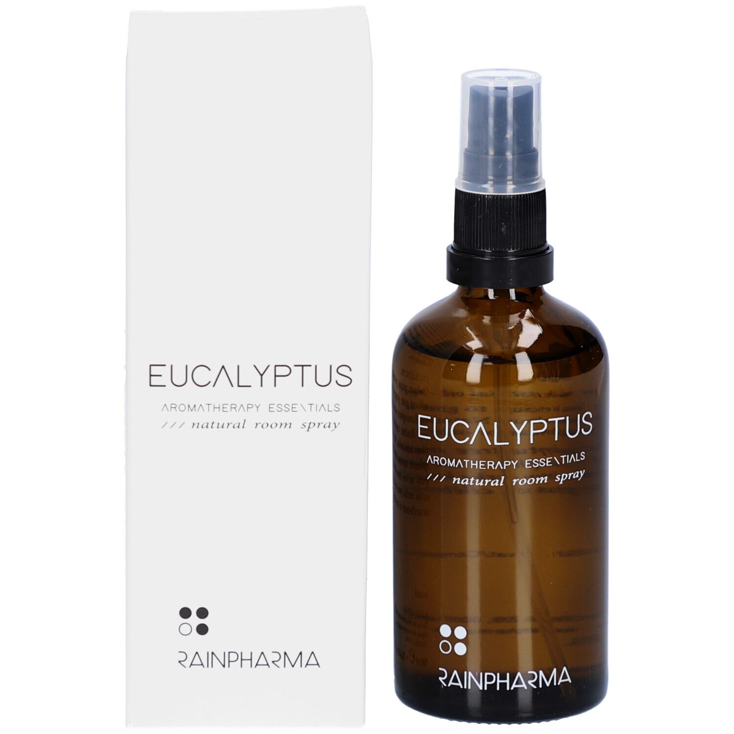 Weiße Verpackung mit Aufschrift: Eucalyptus, Aromatherapy Essentials, natural room spray. Logo Rainpharma.