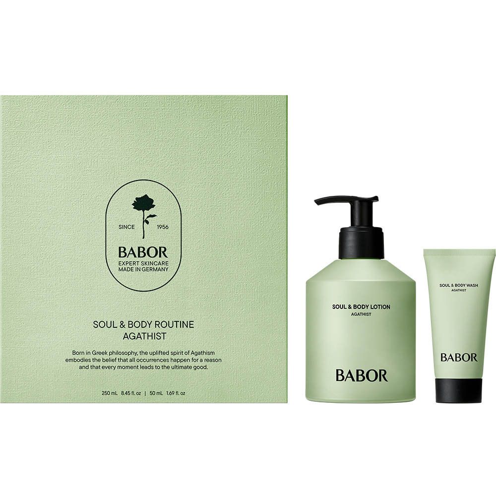 Boîte vert clair, lotion et gel douche. Logo rose et texte BABOR. Texte : Soul & Body Routine Agathist.