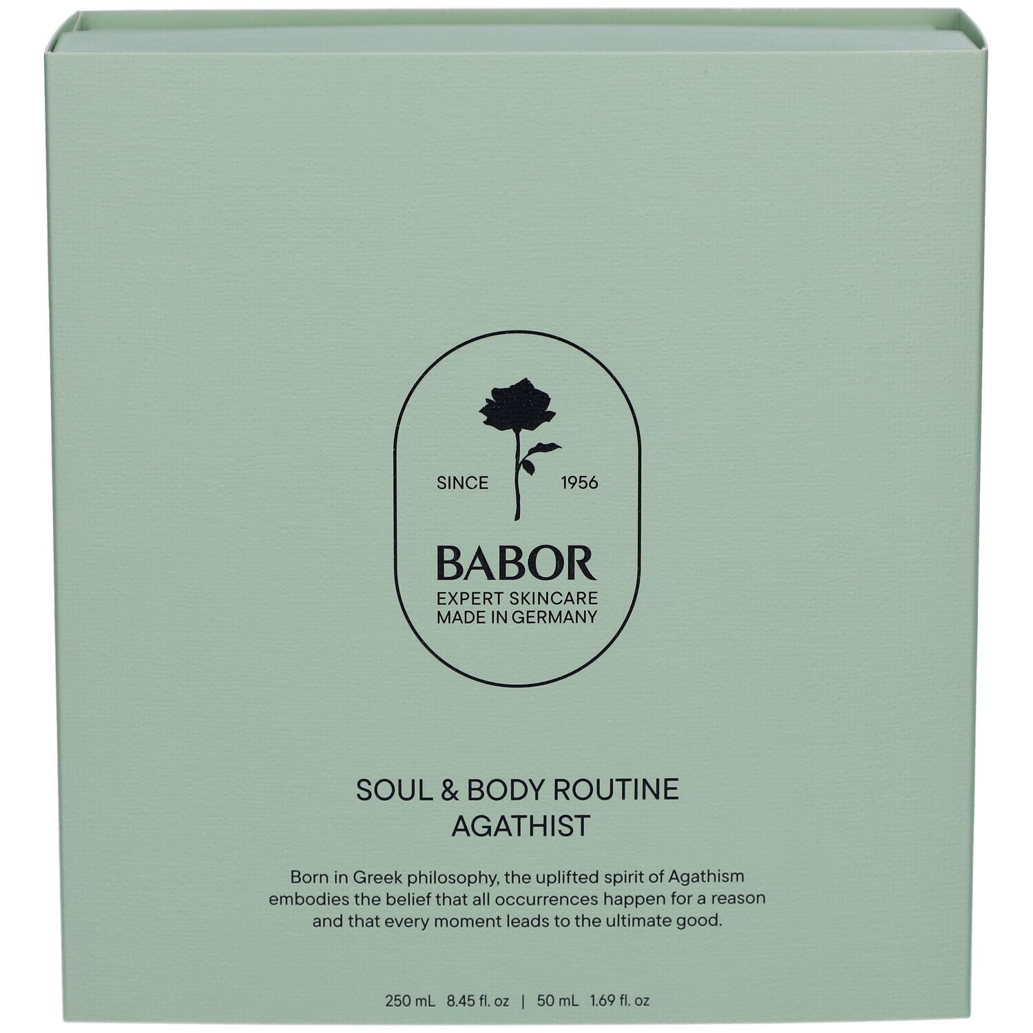 Hellgrüne Verpackung. Logo mit Rose und Schriftzug BABOR. Text: SOUL & BODY ROUTINE AGATHIST. Made in Germany.