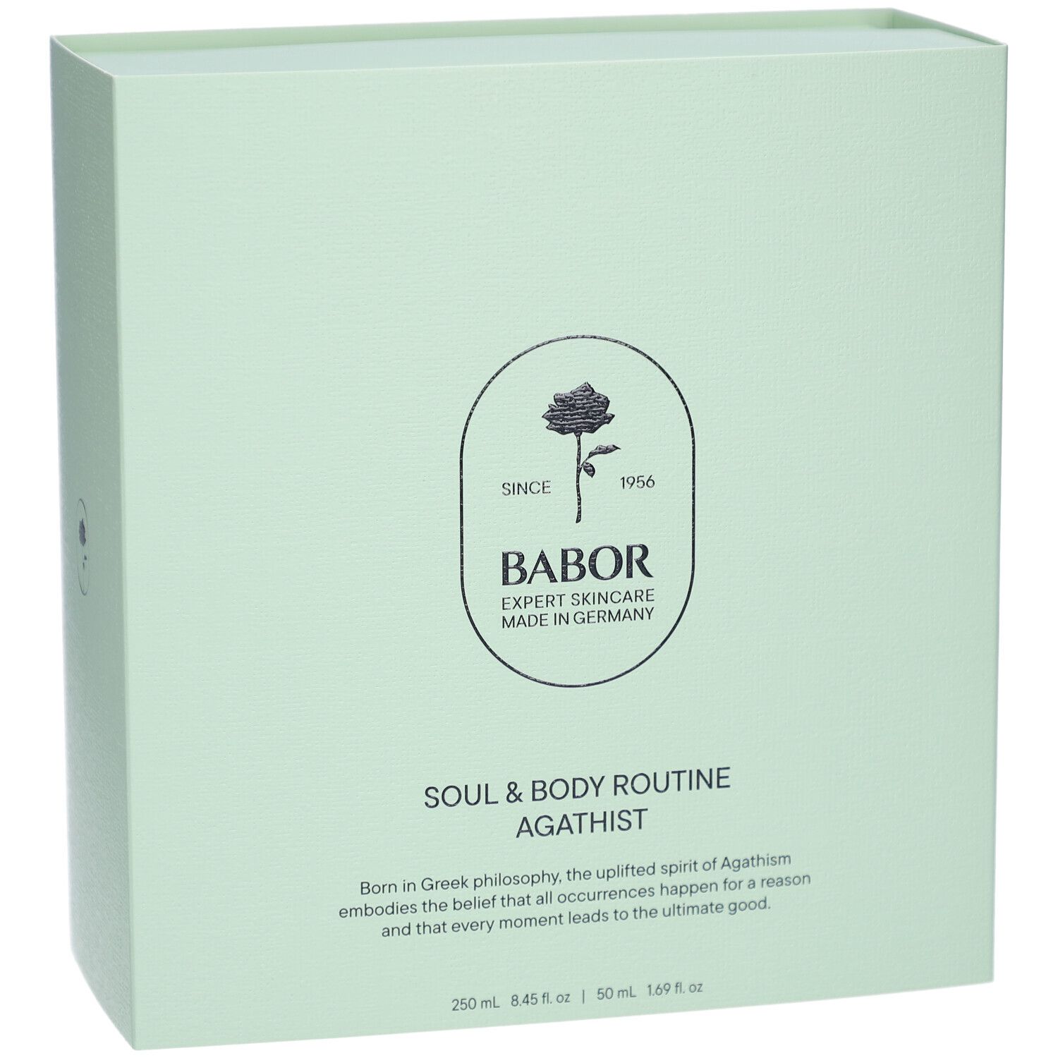 Hellgrüne Verpackung. Logo mit Rose und Schriftzug BABOR. Text: SOUL & BODY ROUTINE AGATHIST. Made in Germany.