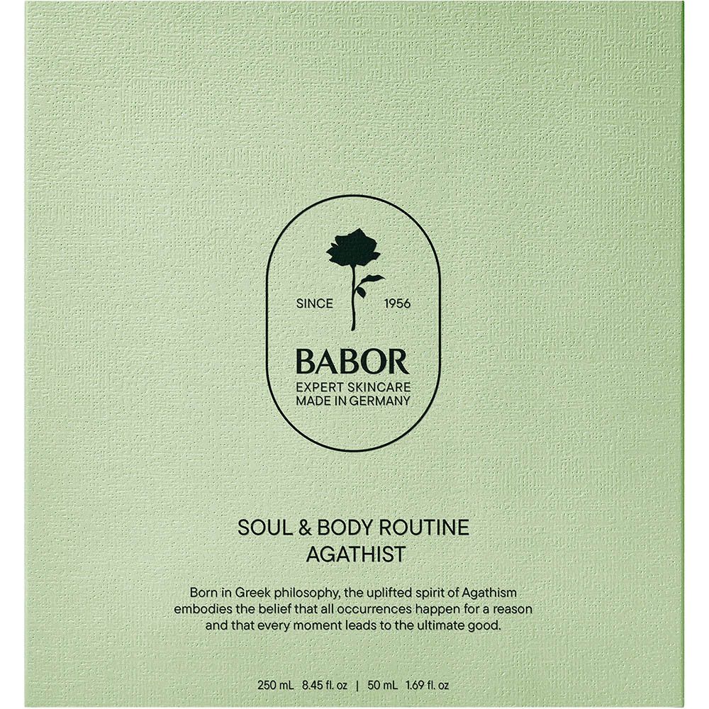 Hellgrüne Verpackung, Lotion und Duschgel. Logo mit Rose und Schriftzug BABOR. Text: Soul & Body Routine Agathist.