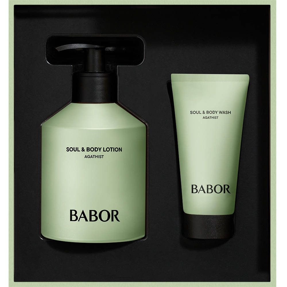 Hellgrüne Verpackung, Lotion und Duschgel. Logo mit Rose und Schriftzug BABOR. Text: Soul & Body Routine Agathist.