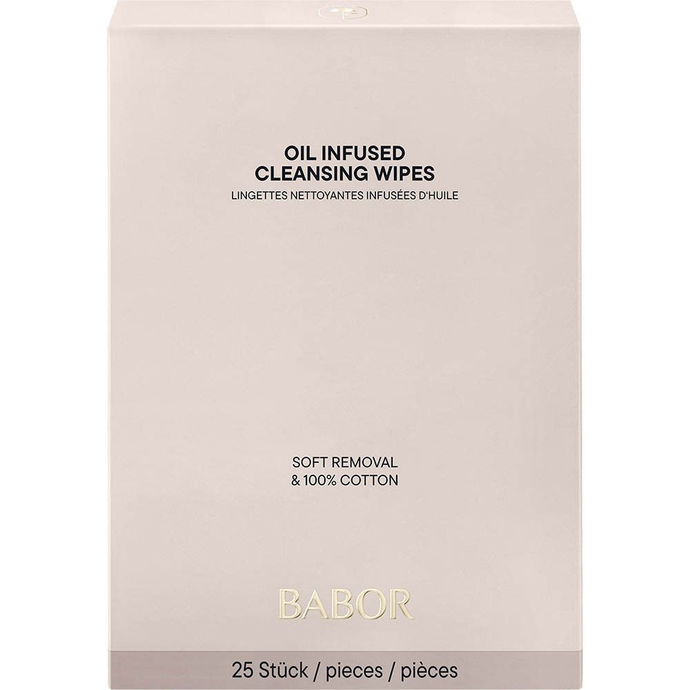 Rosa Schachtel mit Text. Auf der Schachtel steht „OIL INFUSED CLEANSING WIPES“ und „BABOR“.