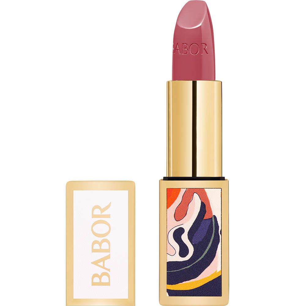Geöffneter Lippenstift mit goldfarbenen Details und buntem Blattmuster. BABOR-Logo.