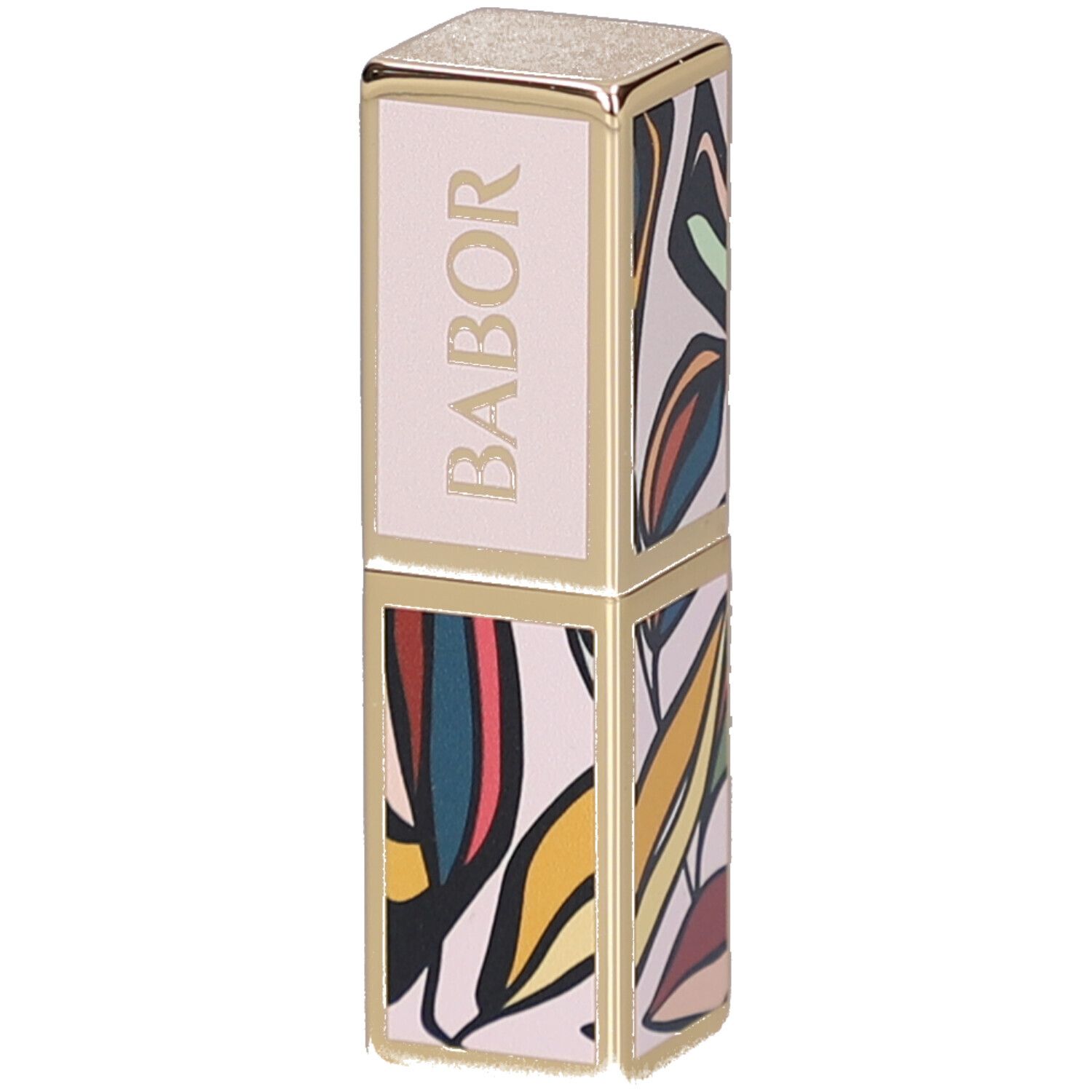Étui de rouge à lèvres avec motif floral et détails dorés. Le mot BABOR est clairement visible.