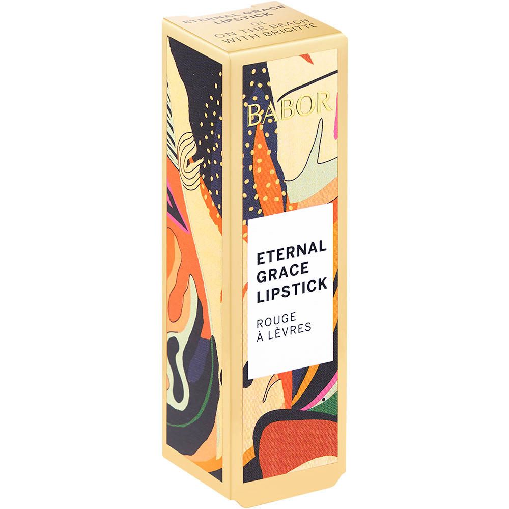 Goldfarbene Verpackung mit Lippenstift und buntem Blattmuster. Text: Eternal Grace Lipstick, BABOR.