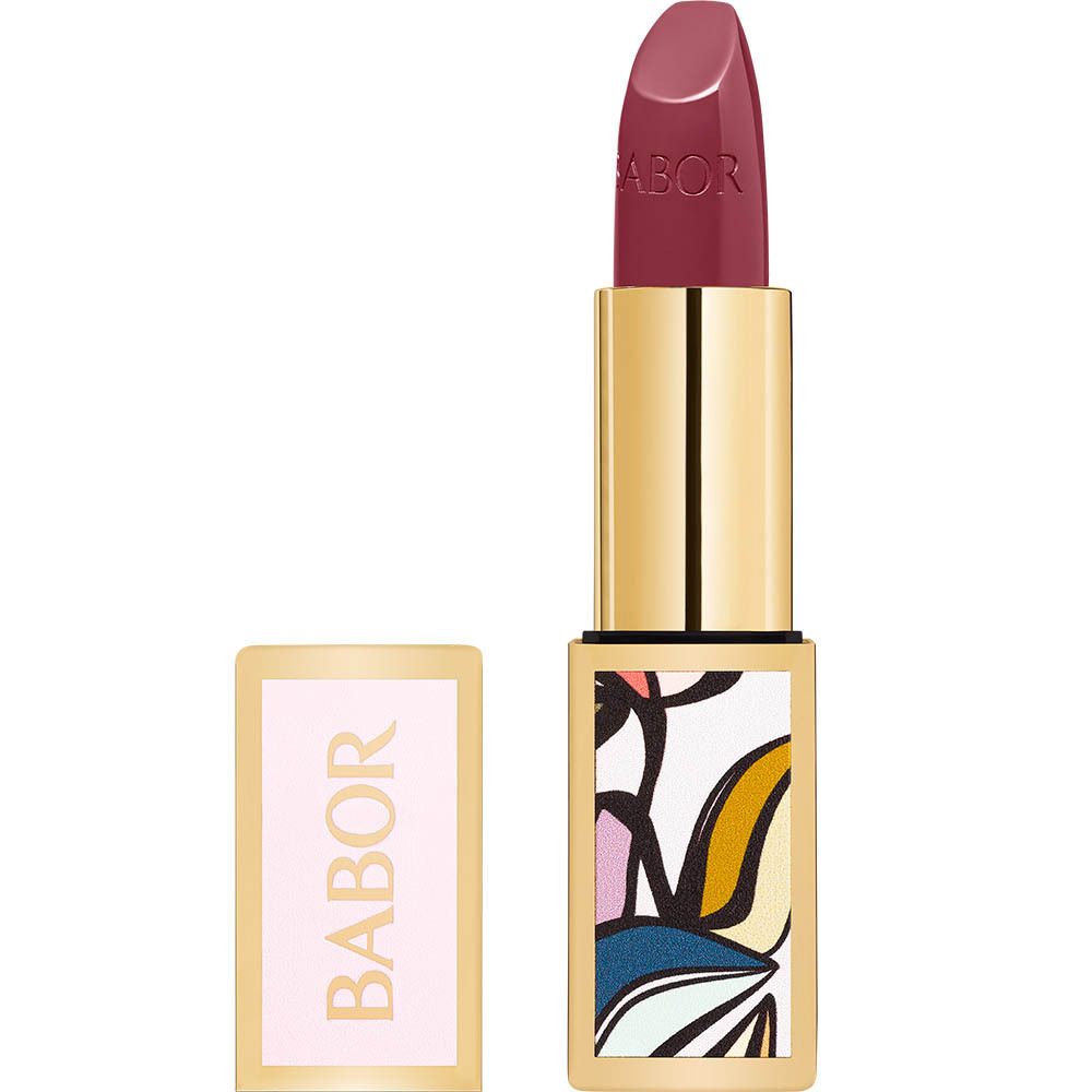 BABOR Lippenstift, geöffnet. Goldfarbenes Gehäuse mit Muster. Lippenstift in dunkler Farbe. BABOR-Schriftzug.