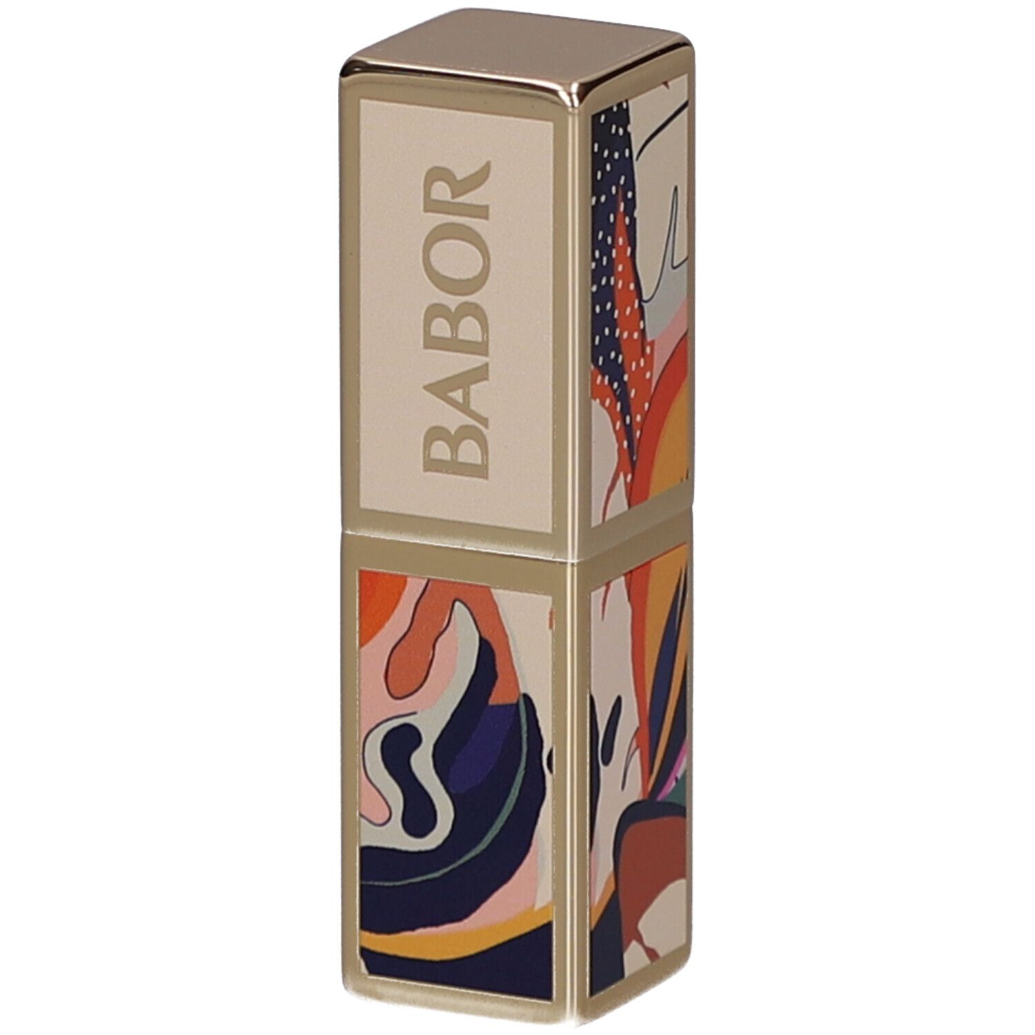 Étui de rouge à lèvres avec détails dorés et motifs colorés. Le mot BABOR est clairement visible.
