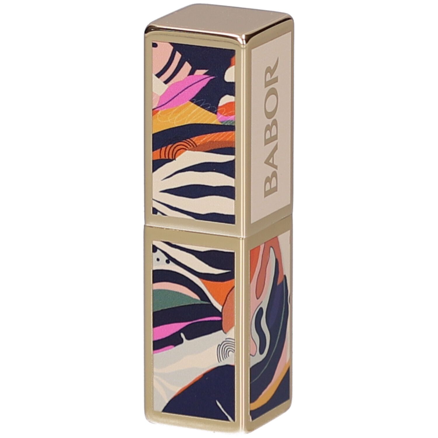 Étui de rouge à lèvres avec détails dorés et motifs colorés. Le mot BABOR est clairement visible.