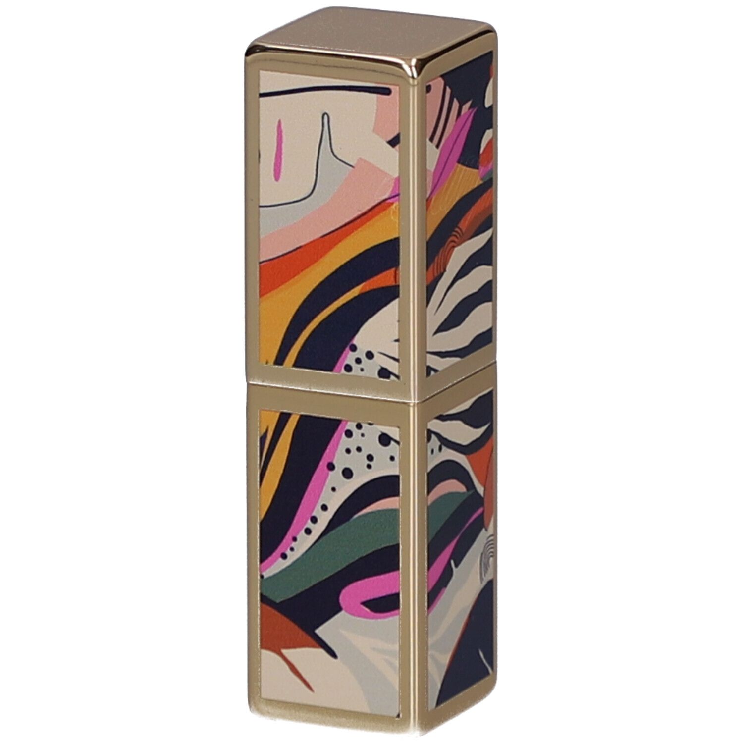 Étui de rouge à lèvres avec détails dorés et motifs colorés. Le mot BABOR est clairement visible.