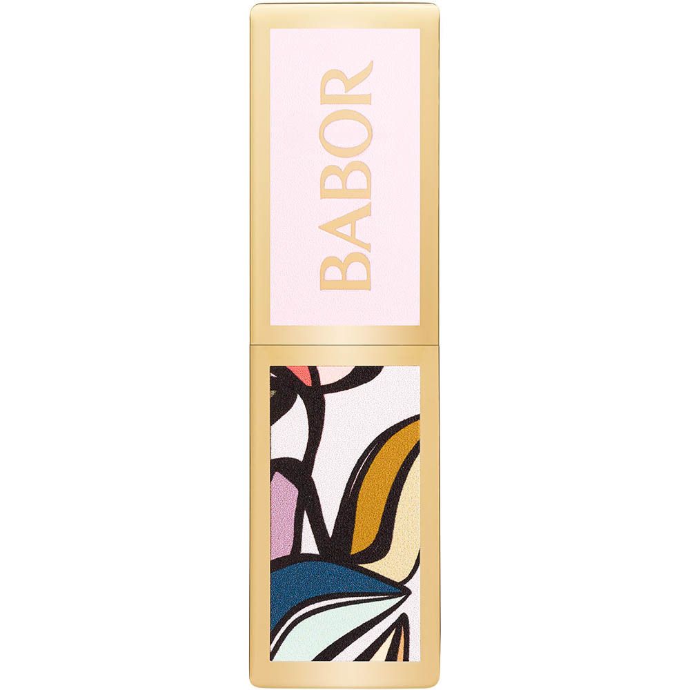 BABOR Lippenstift. Goldfarbenes Gehäuse mit Muster. BABOR-Schriftzug. Geöffnet, Lippenstift sichtbar.