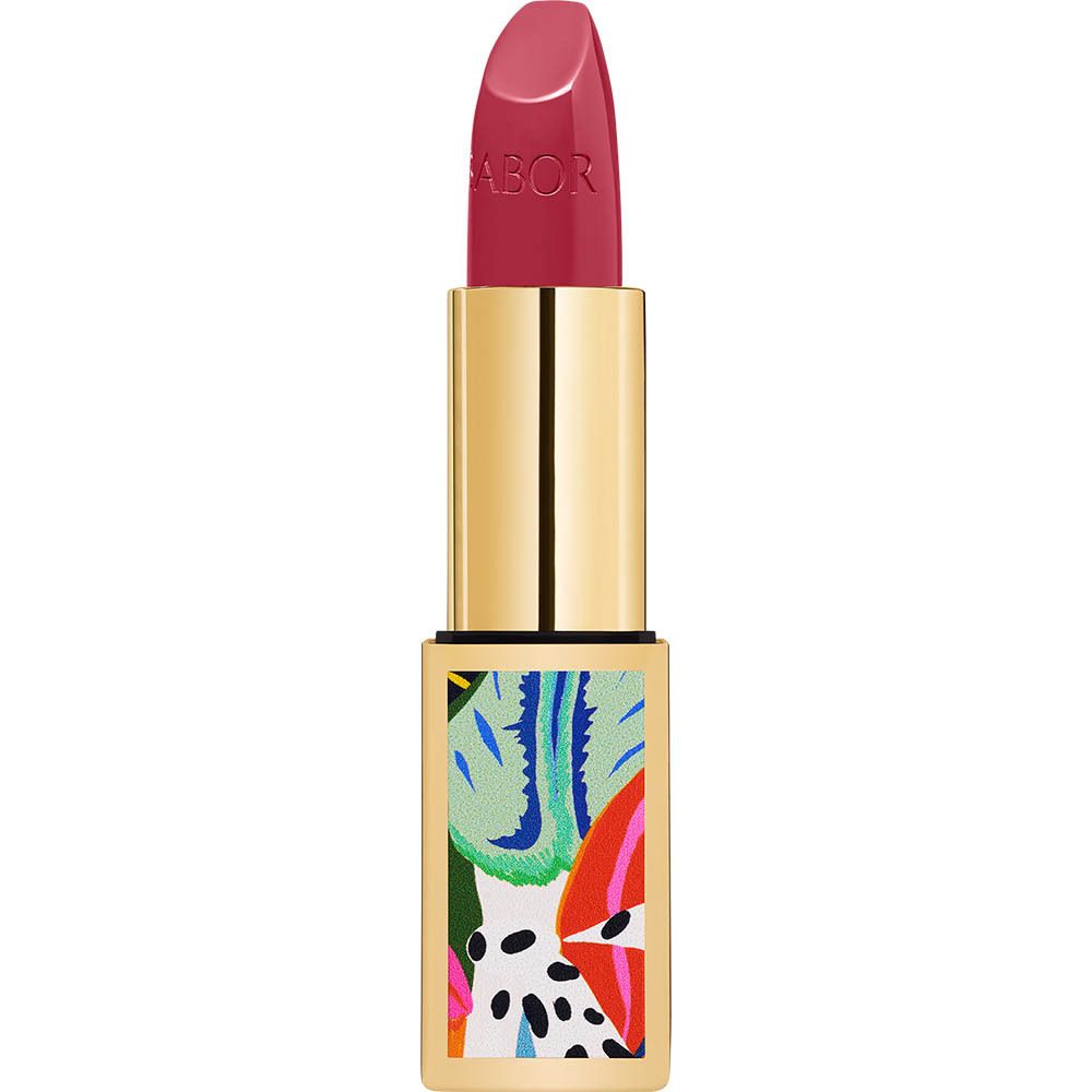 BABOR Lippenstift, goldfarbenes Gehäuse, Lippenstift geöffnet. Roter Lippenstift sichtbar. BABOR-Schriftzug.