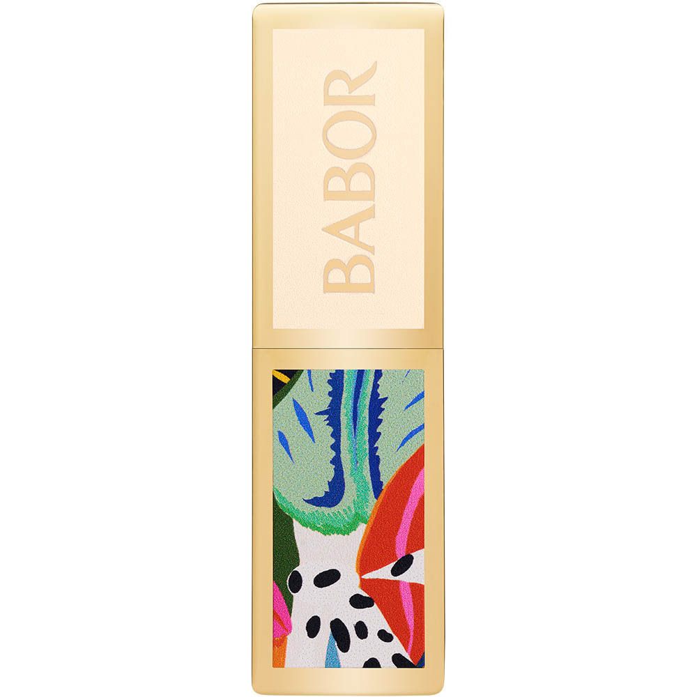 BABOR Lippenstift, goldfarbenes Gehäuse. BABOR-Schriftzug. Floral gemustert. Rechteckige Form.
