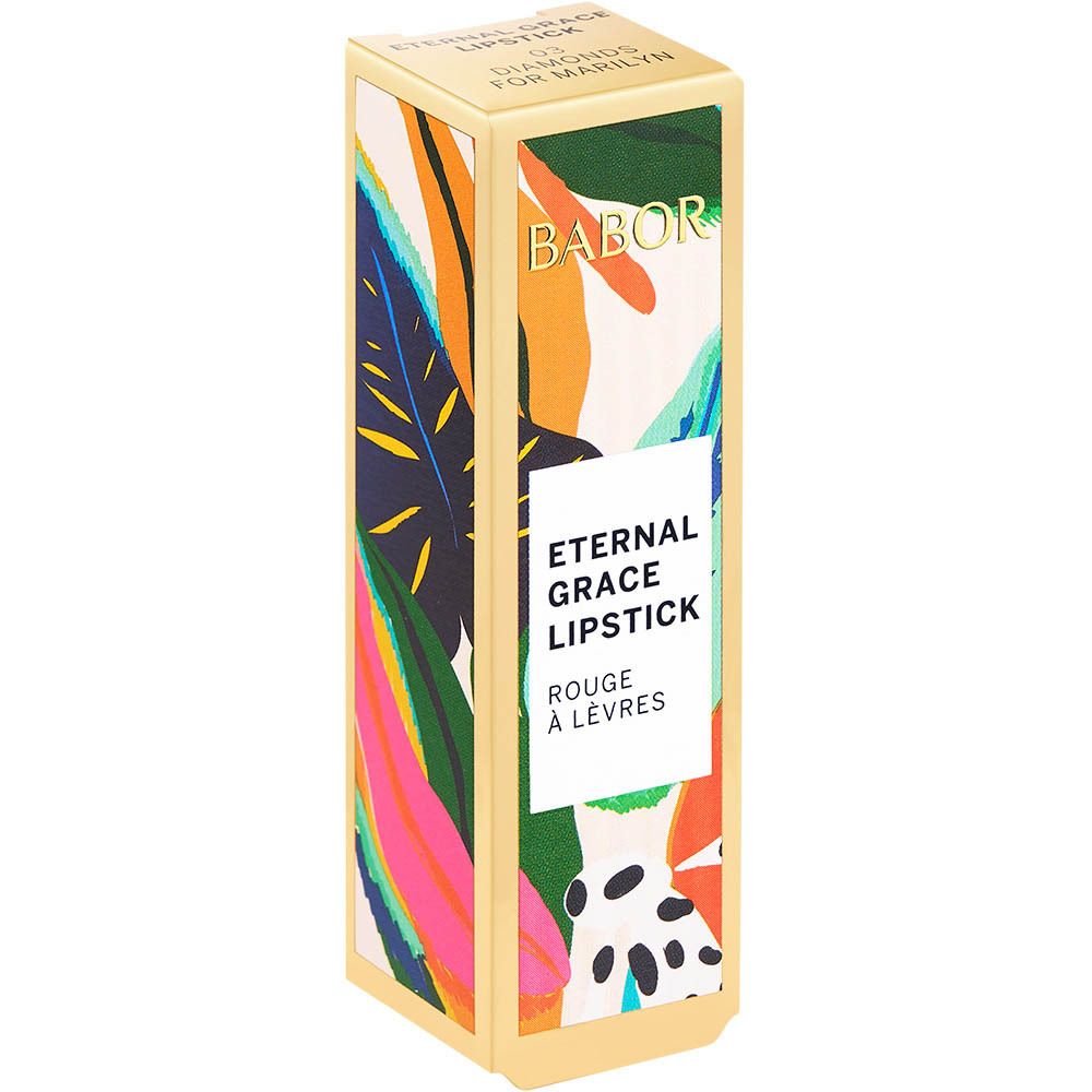 BABOR Lippenstift und Verpackung. Goldfarbene Verpackung mit floralem Muster. Produktname und Marke sichtbar.