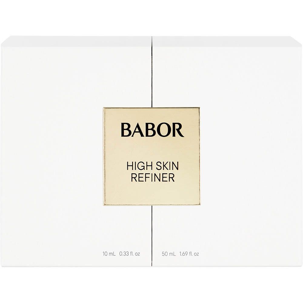 Coffret blanc avec étiquette dorée. Inscription: BABOR HIGH SKIN REFINER. Deux tailles de produits sont indiquées.