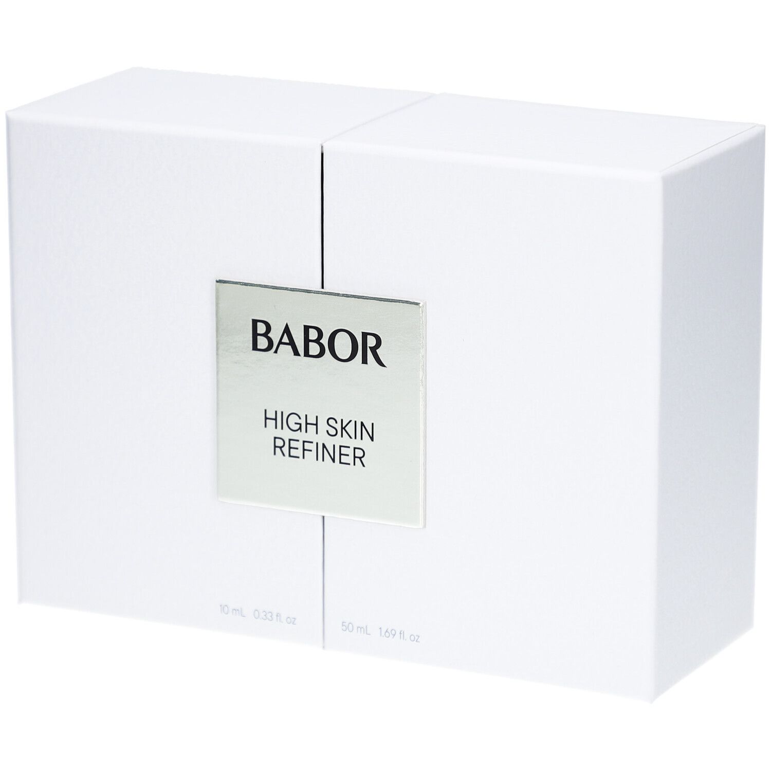 Weißer Geschenk-Karton, geteilt. Silbernes Etikett mit "BABOR HIGH SKIN REFINER".