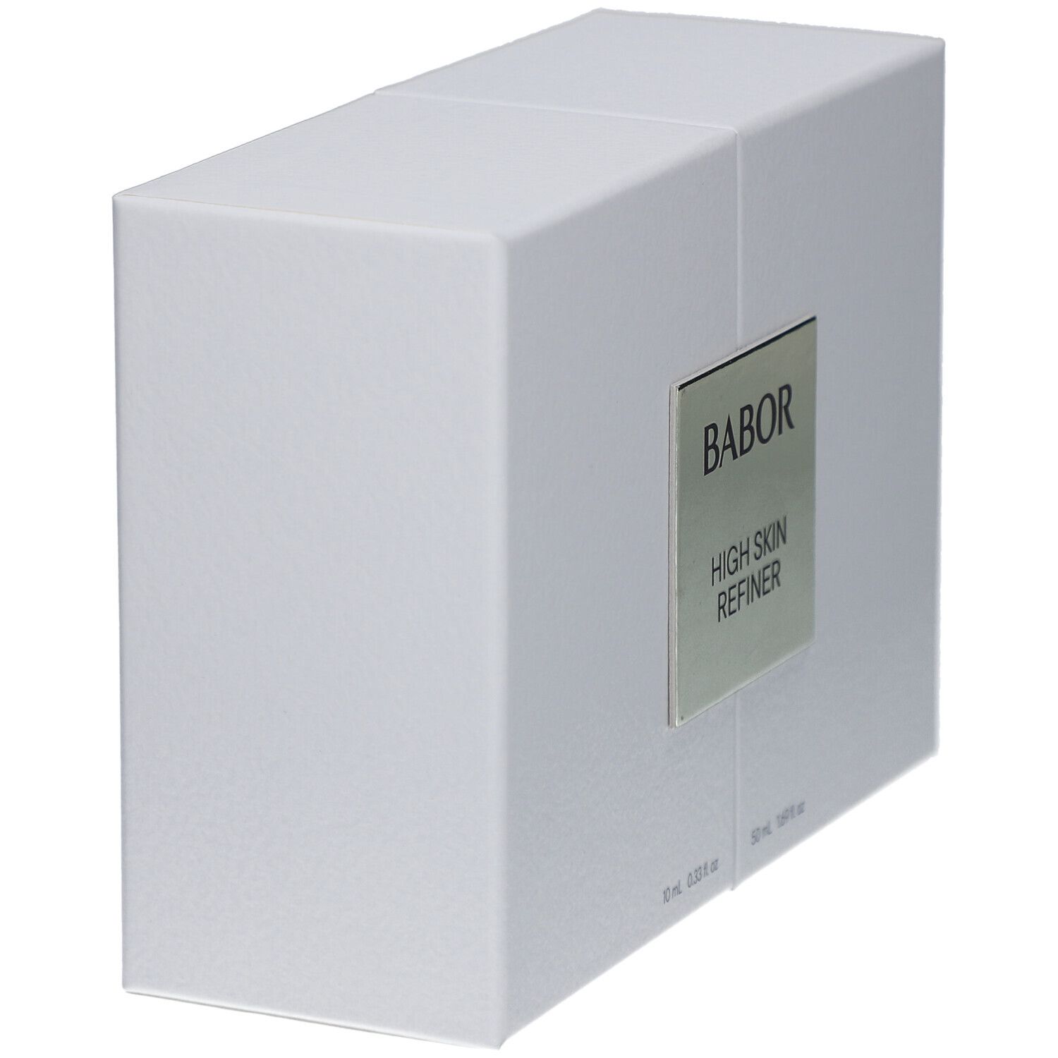 Weißer Geschenk-Karton, schräg. Silbernes Etikett mit "BABOR HIGH SKIN REFINER".