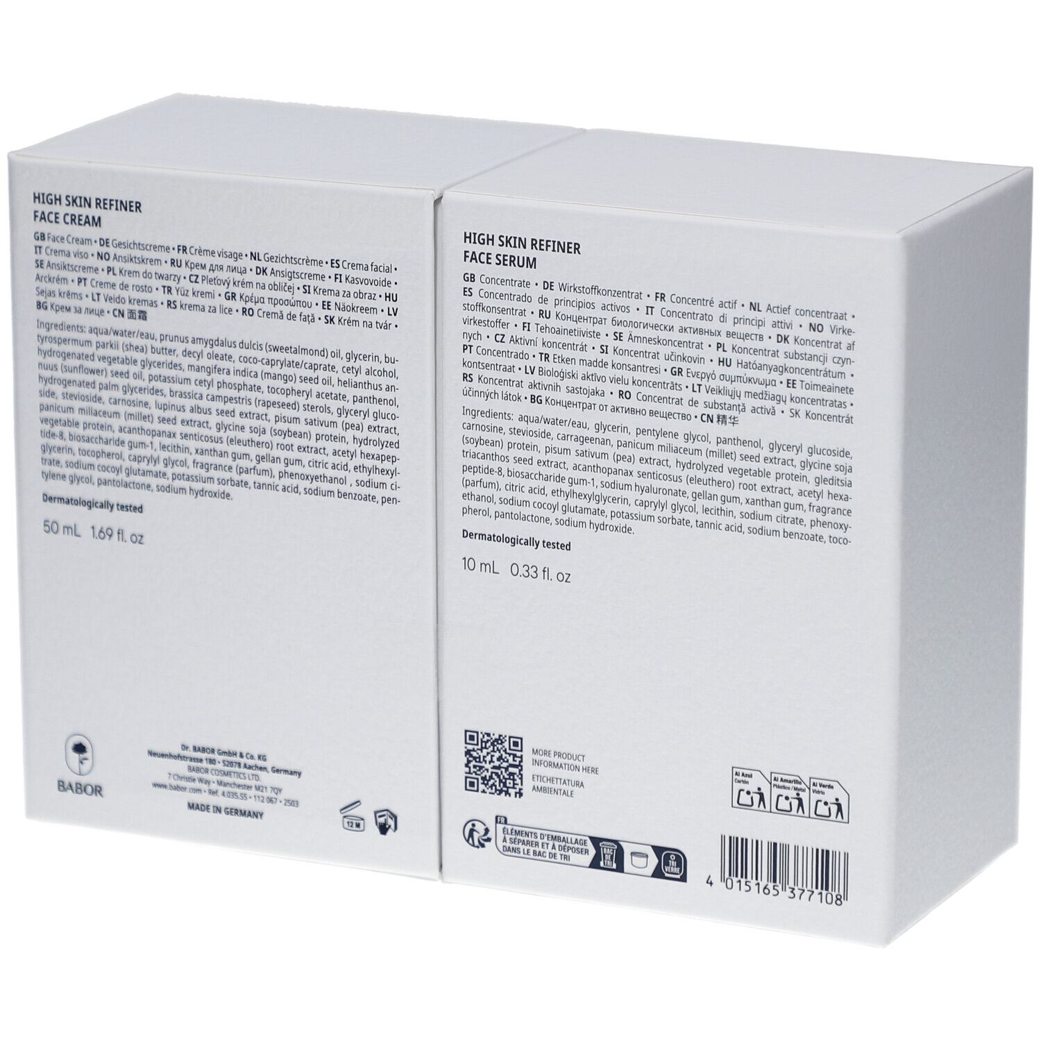 Rückseite des geteilten weißen Kartons. Text mit Inhaltsstoffen und Informationen in mehreren Sprachen.