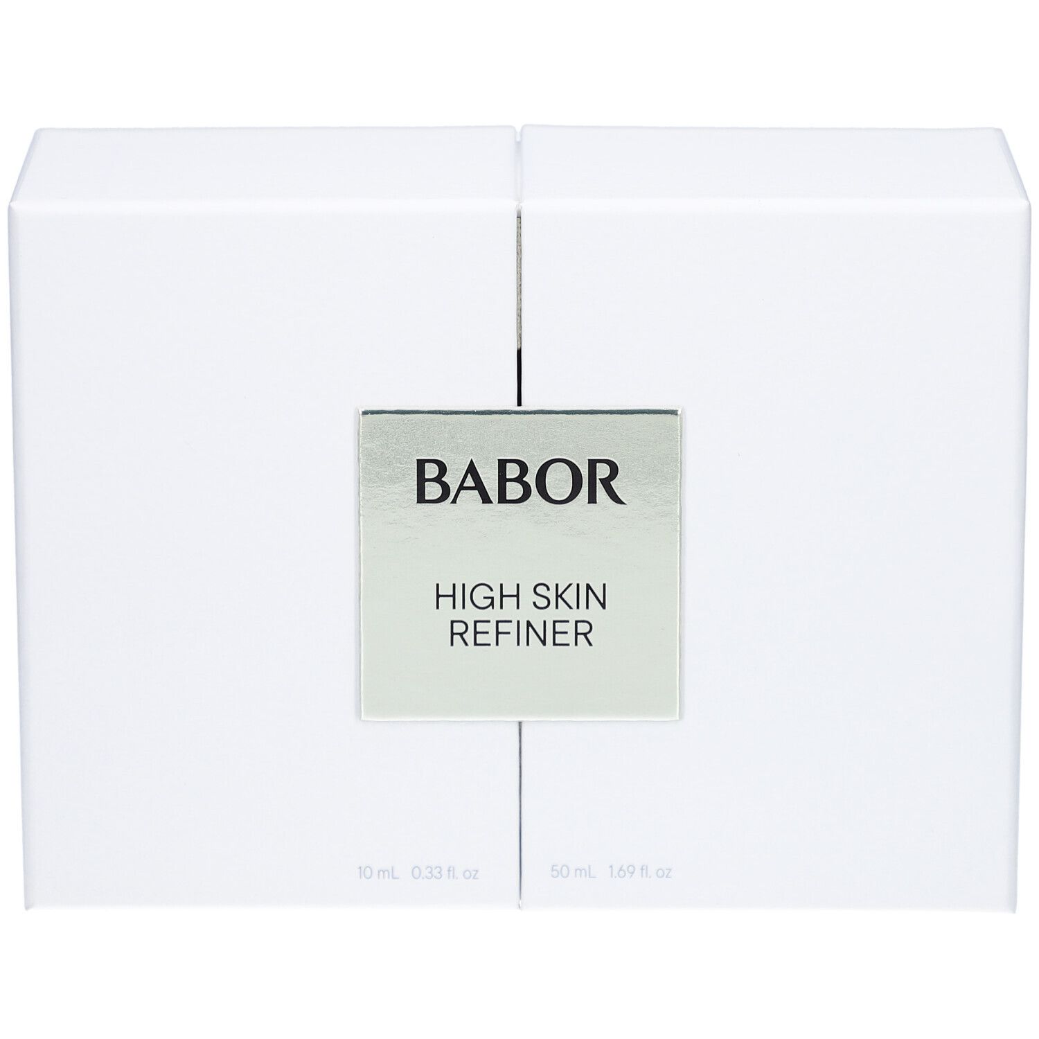 Weißer Geschenk-Karton, geteilt. Silbernes Etikett mit "BABOR HIGH SKIN REFINER".