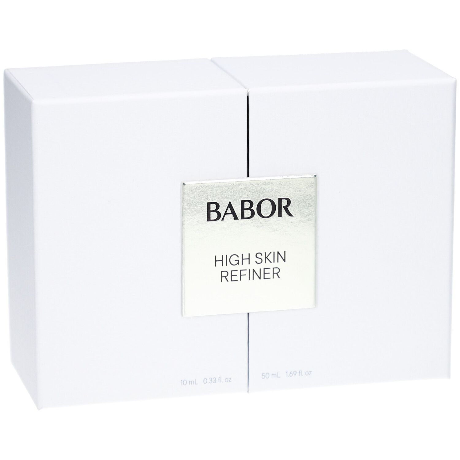 Weißer Geschenk-Karton, geteilt. Silbernes Etikett mit "BABOR HIGH SKIN REFINER".