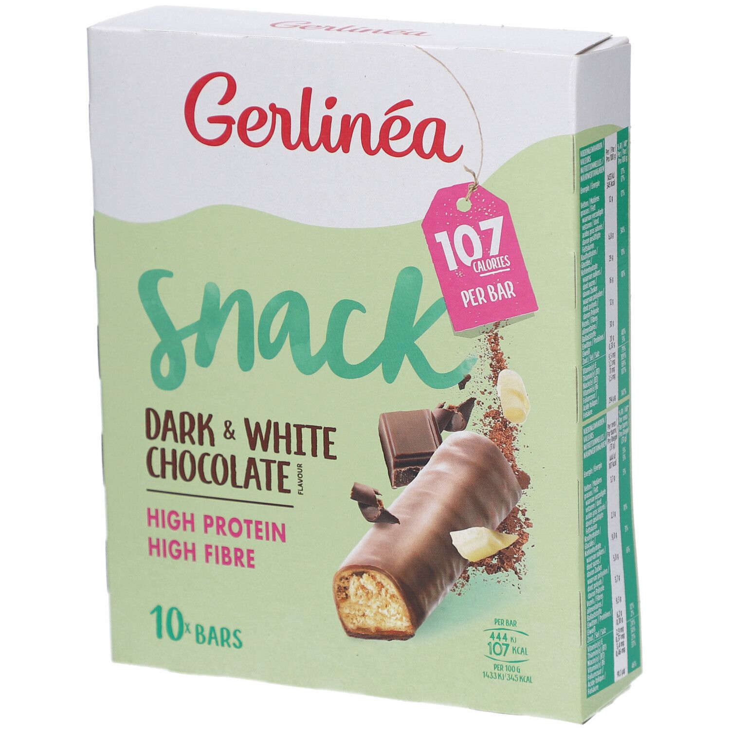 Gerlinéa Snack, Schachtel mit 10 Riegeln. Dunkle & weiße Schokolade, hoher Protein- und Ballaststoffgehalt. 107 Kalorien pro Riegel.