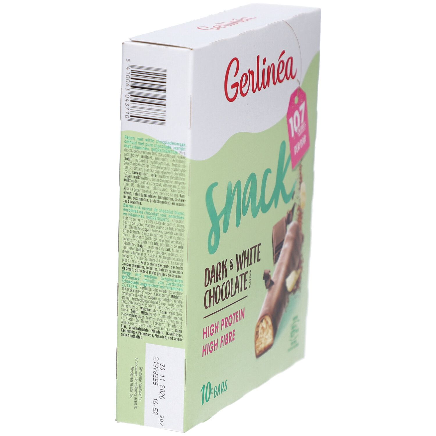 Gerlinéa Snack-Verpackung, Seitenansicht. Text: Snack, dunkle & weiße Schokolade, hoher Protein- und Ballaststoffgehalt. 10 Riegel.