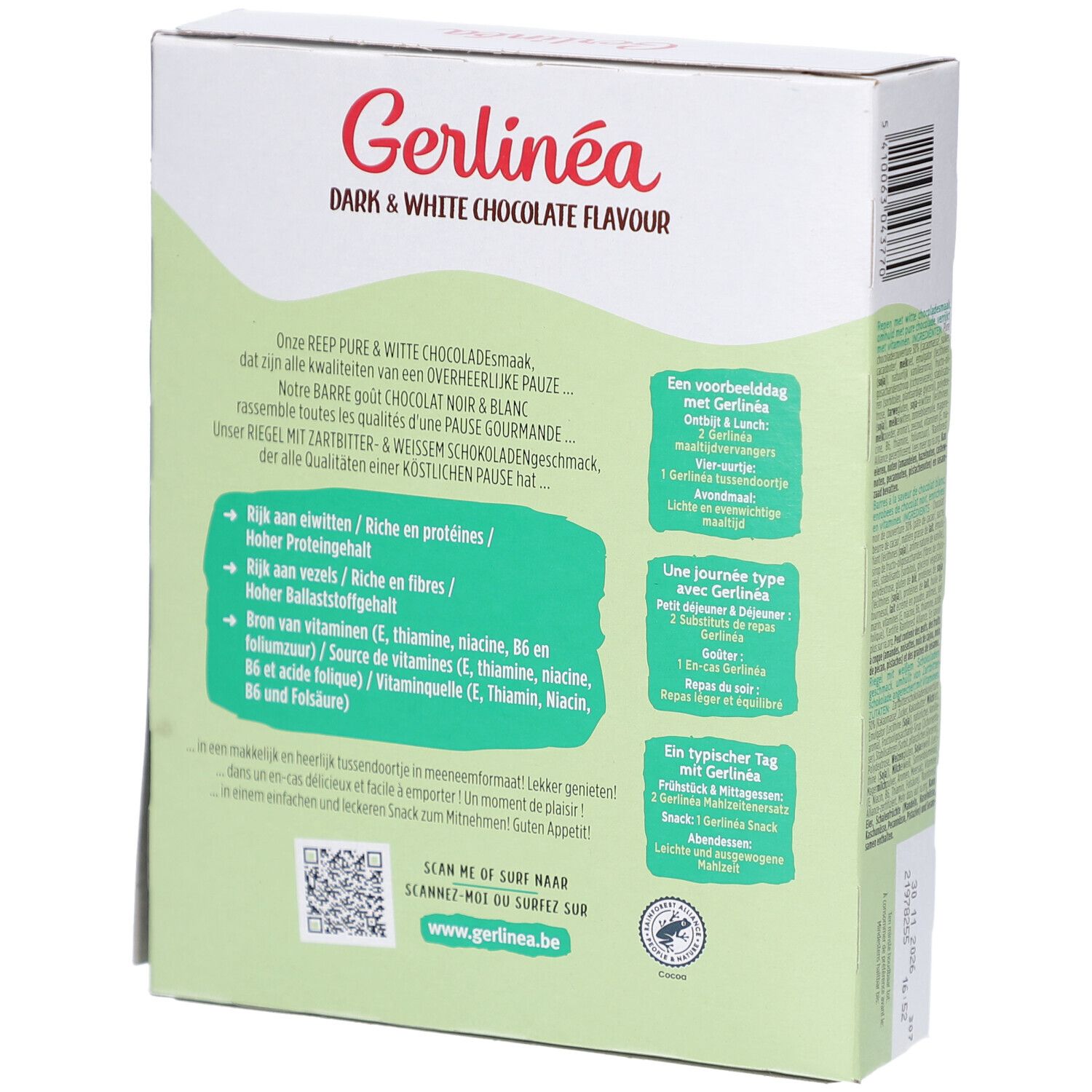 Rückseite der Gerlinéa Snack-Verpackung. Text in mehreren Sprachen. Informationen zu Nährwerten und Inhaltsstoffen. QR-Code.
