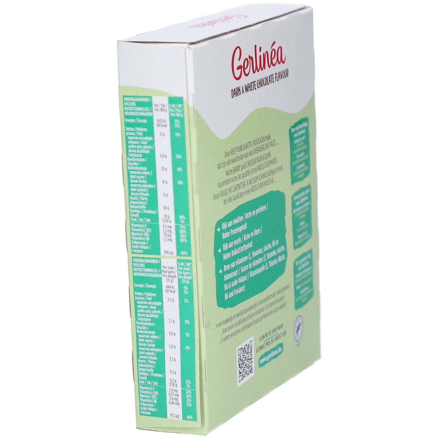 Gerlinéa Snack-Verpackung, Rückseite. Text mit Nährwertangaben und Inhaltsstoffen. Mehrere Sprachen.