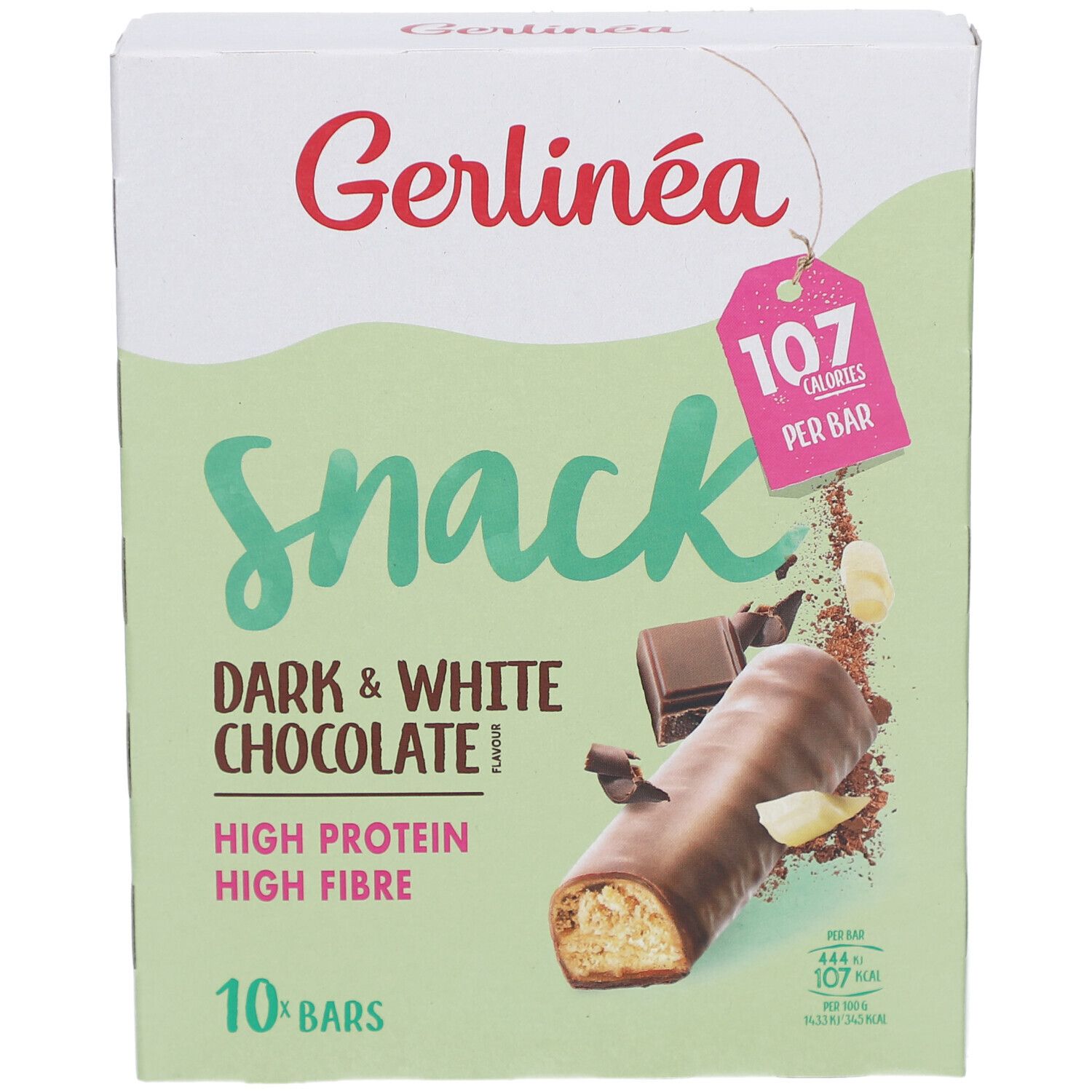 Gerlinéa Snack, Schachtel mit 10 Riegeln. Dunkle & weiße Schokolade, hoher Protein- und Ballaststoffgehalt. 107 Kalorien pro Riegel.