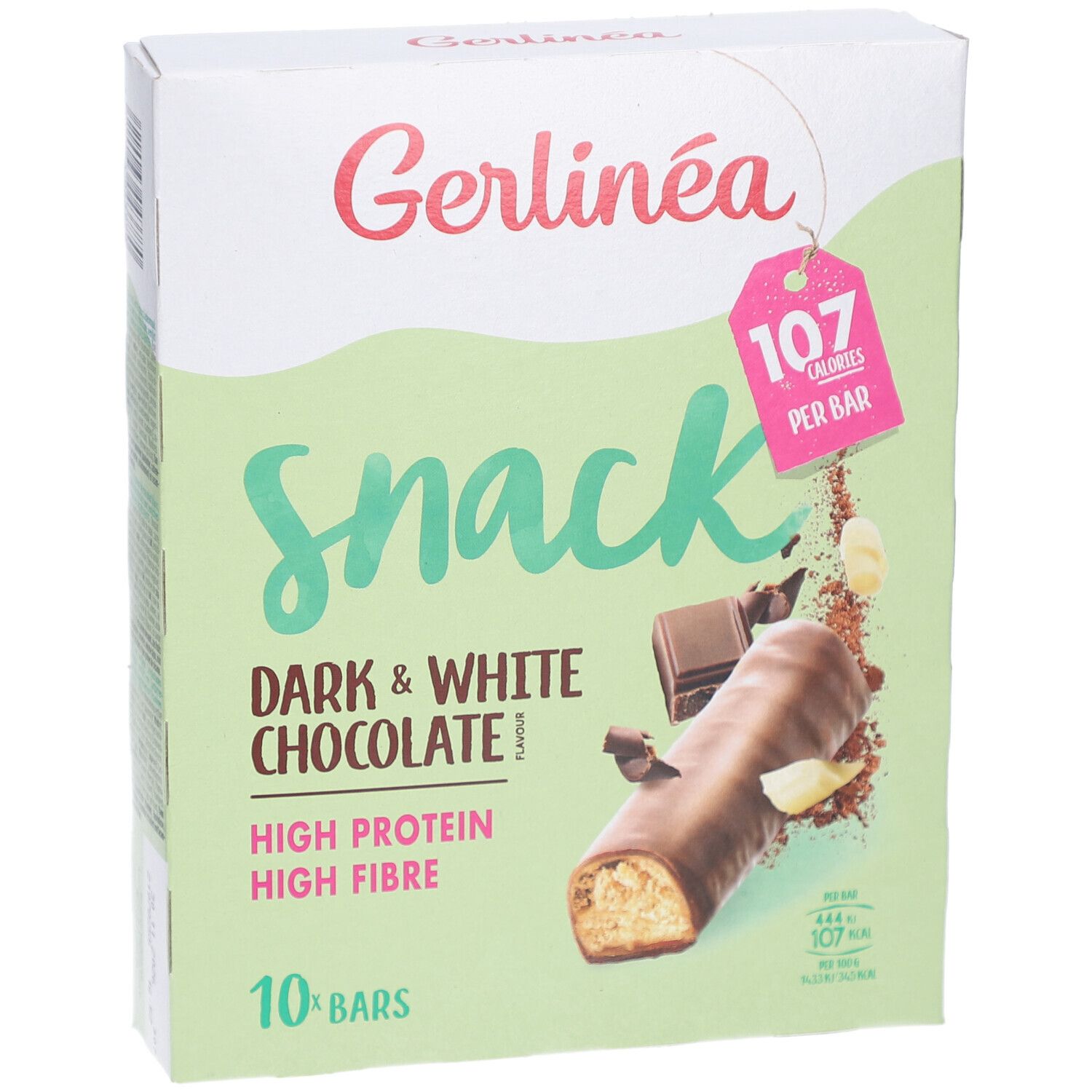Gerlinéa Snack, Schachtel mit 10 Riegeln. Dunkle & weiße Schokolade, hoher Protein- und Ballaststoffgehalt. 107 Kalorien pro Riegel.