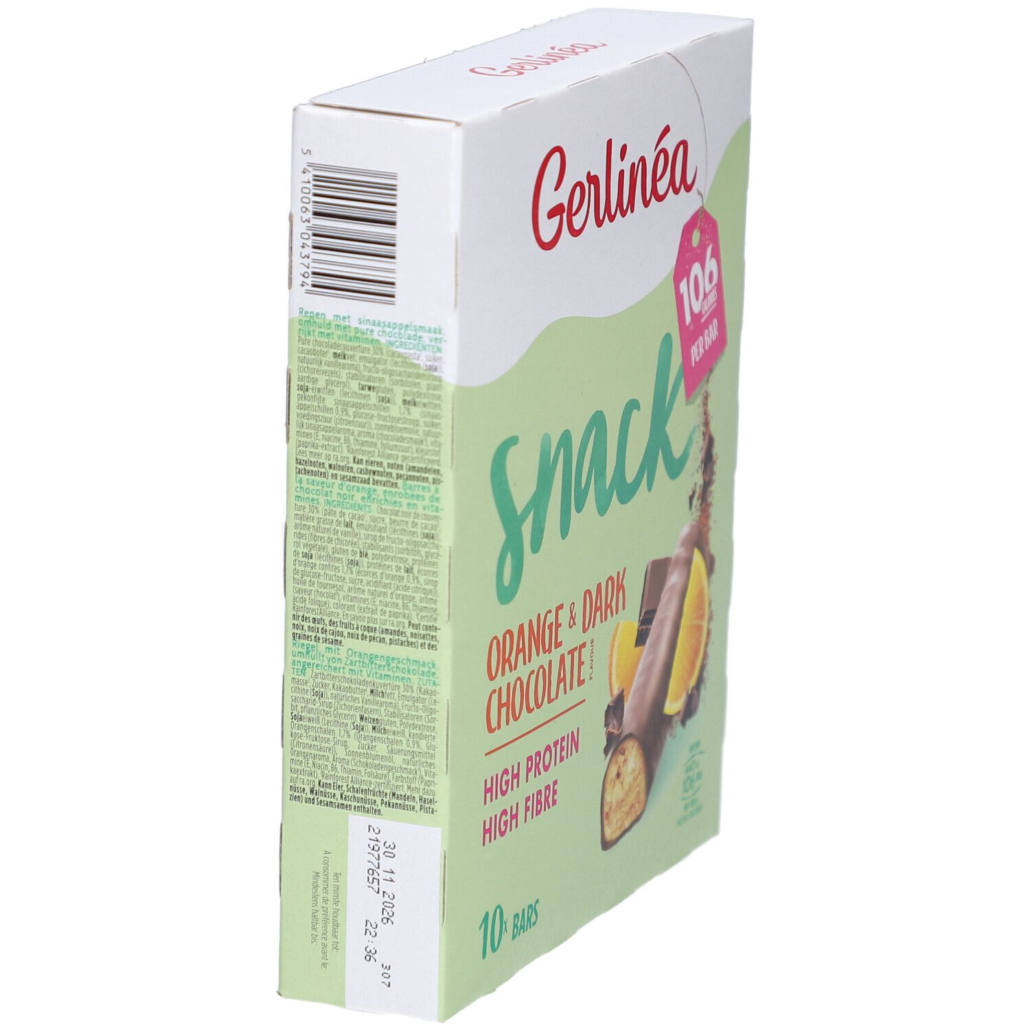 Vue latérale de la boîte Gerlinéa Snack. Code-barres et texte. 106 calories par barre. Orange & Dark Chocolate.