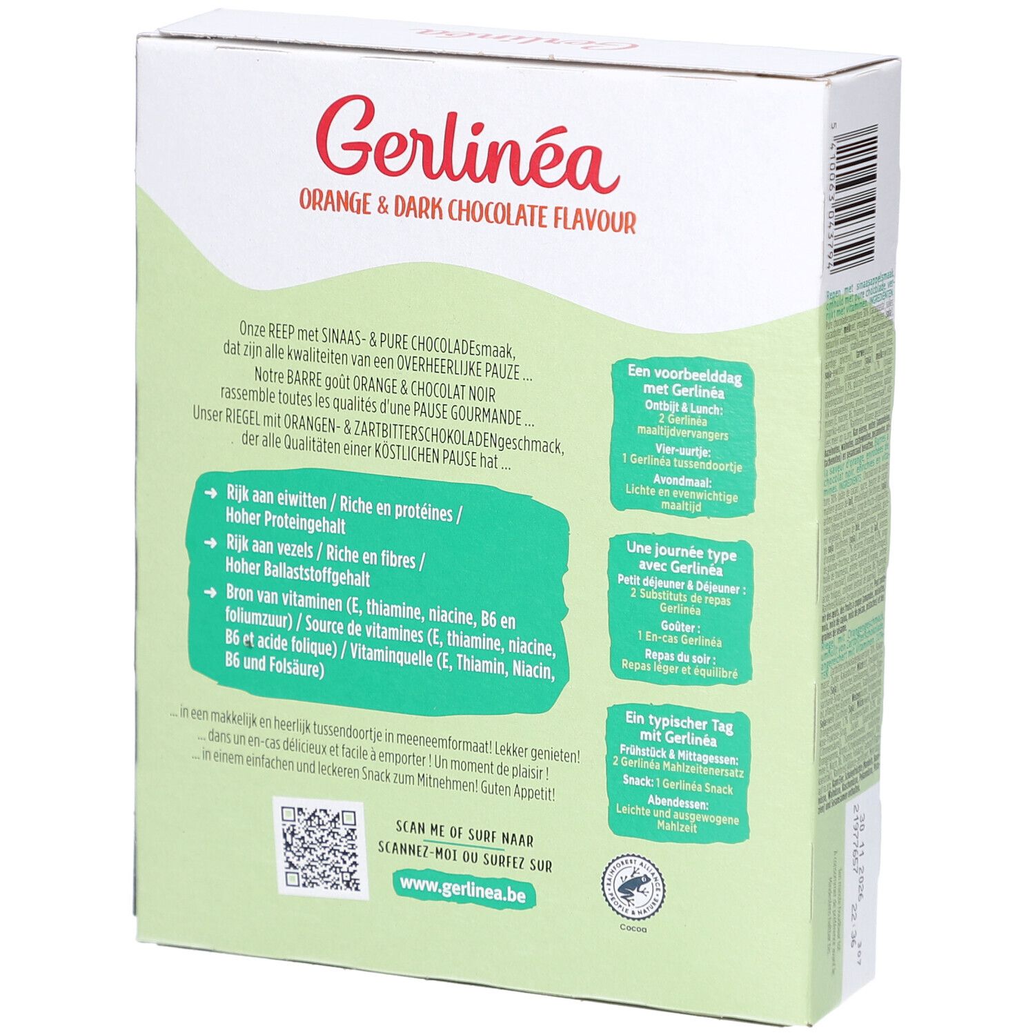 Dos de la boîte Gerlinéa Snack Orange & Dark Chocolate. Texte multilingue. Informations nutritionnelles.
