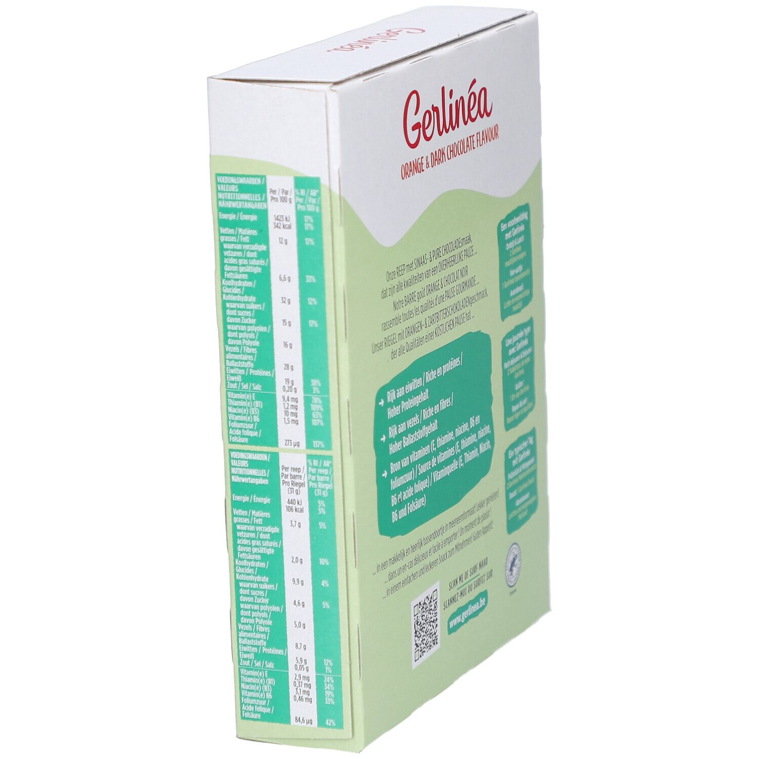 Vue latérale de la boîte Gerlinéa Snack. Informations nutritionnelles et texte. Orange & Dark Chocolate.