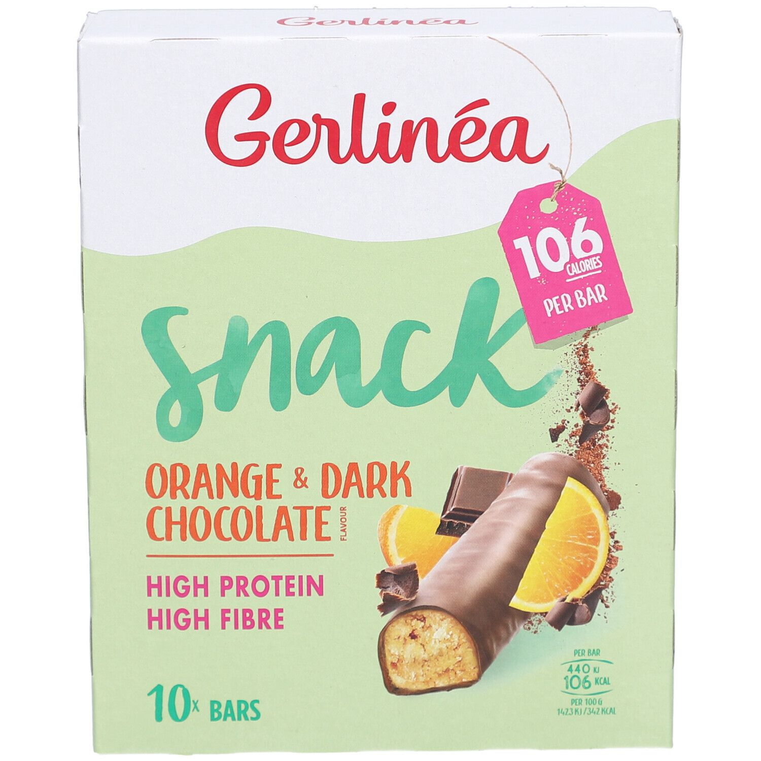 Boîte de Gerlinéa Snack Orange & Dark Chocolate. 10 barres. 106 calories par barre. Riche en protéines et fibres.