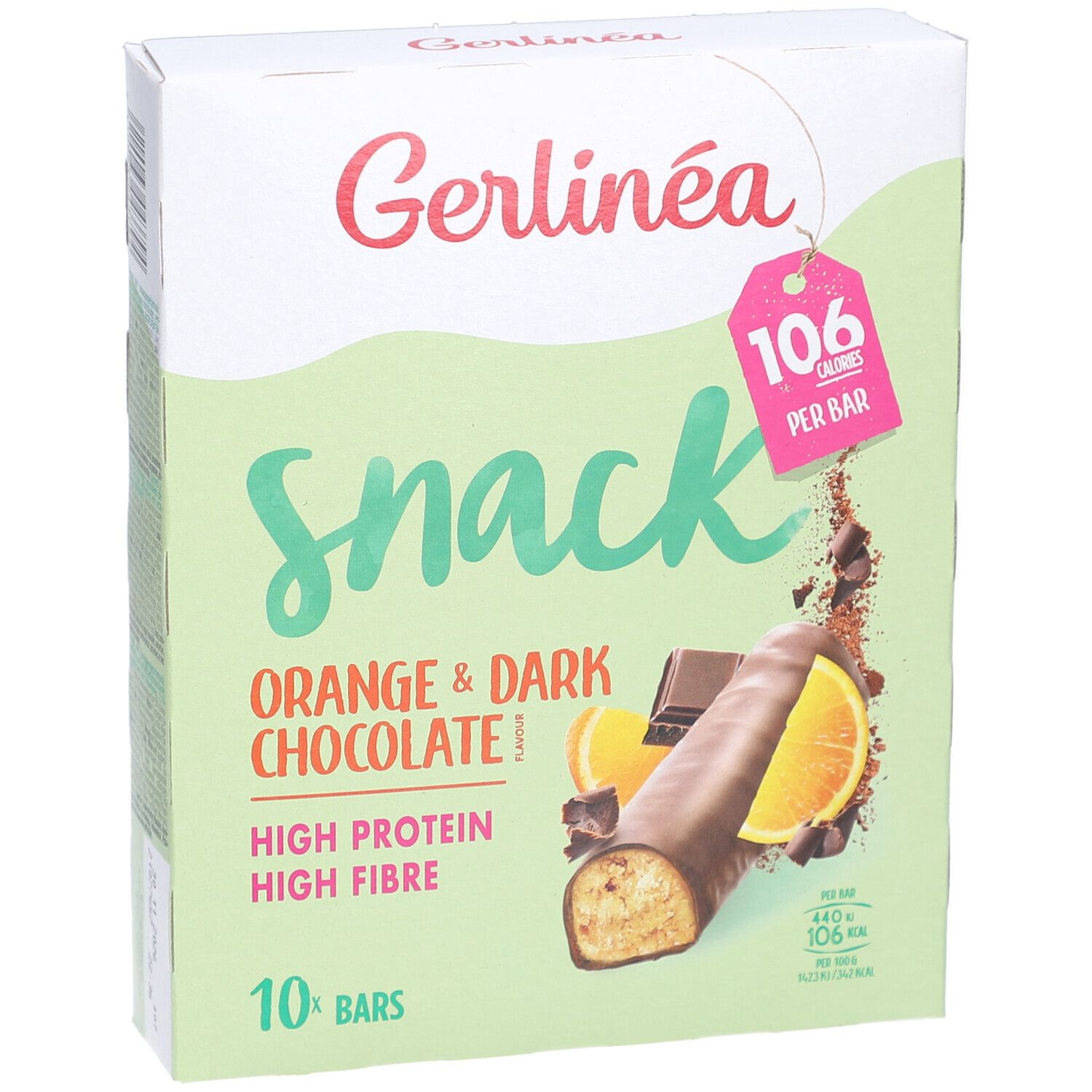 Boîte de Gerlinéa Snack Orange & Dark Chocolate. 10 barres. 106 calories par barre. Riche en protéines et fibres.