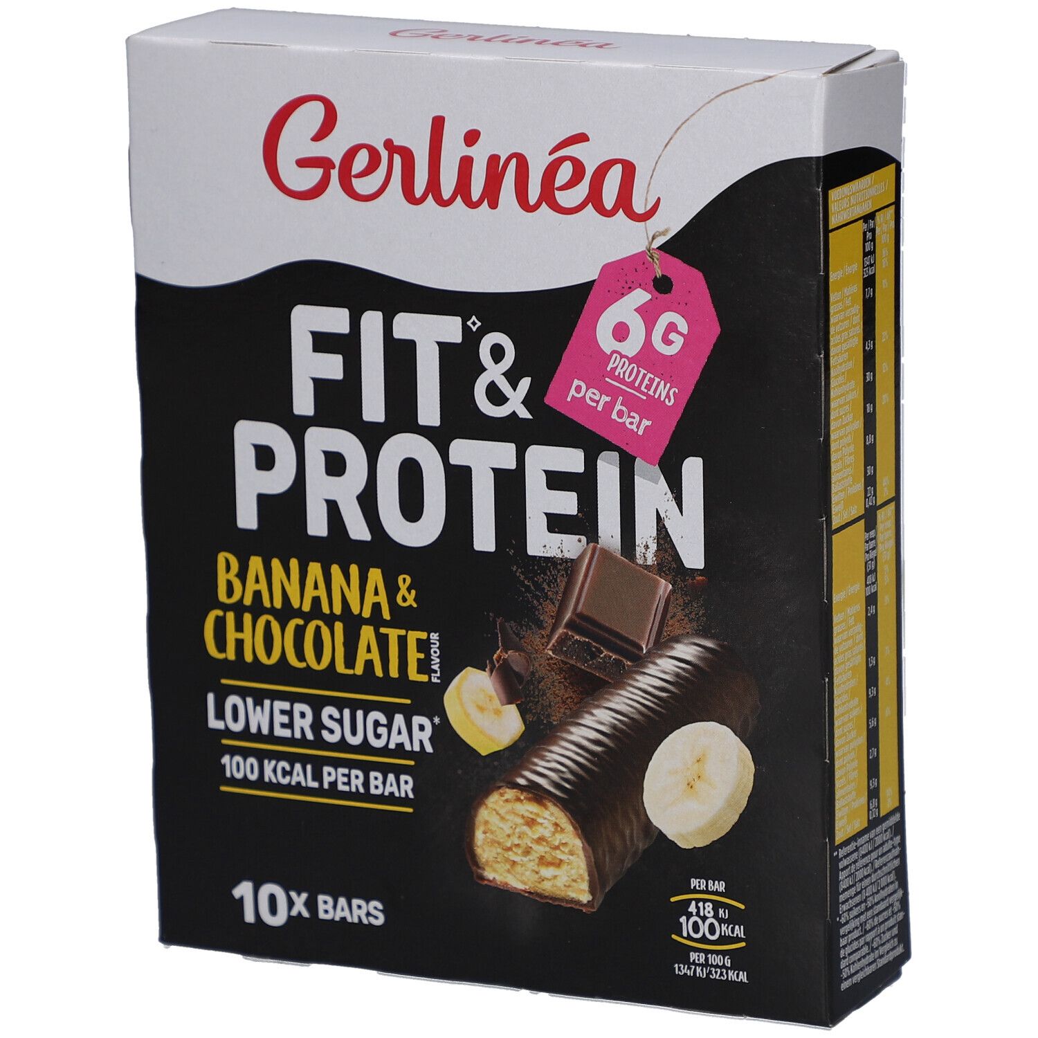 Gerlinéa Fit & Protein Banane & Chocolat. Schachtel mit Riegeln. 6g Protein pro Riegel. 10 Riegel pro Packung.