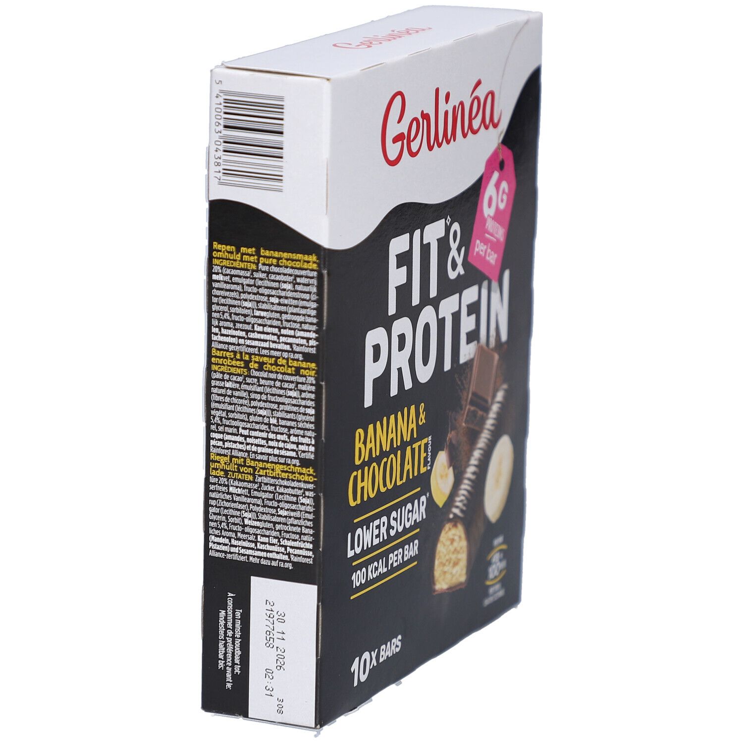 Gerlinéa Fit & Protein Banane & Chocolat Schachtel. Rückseite mit Text. 6g Protein pro Riegel. 10 Riegel.