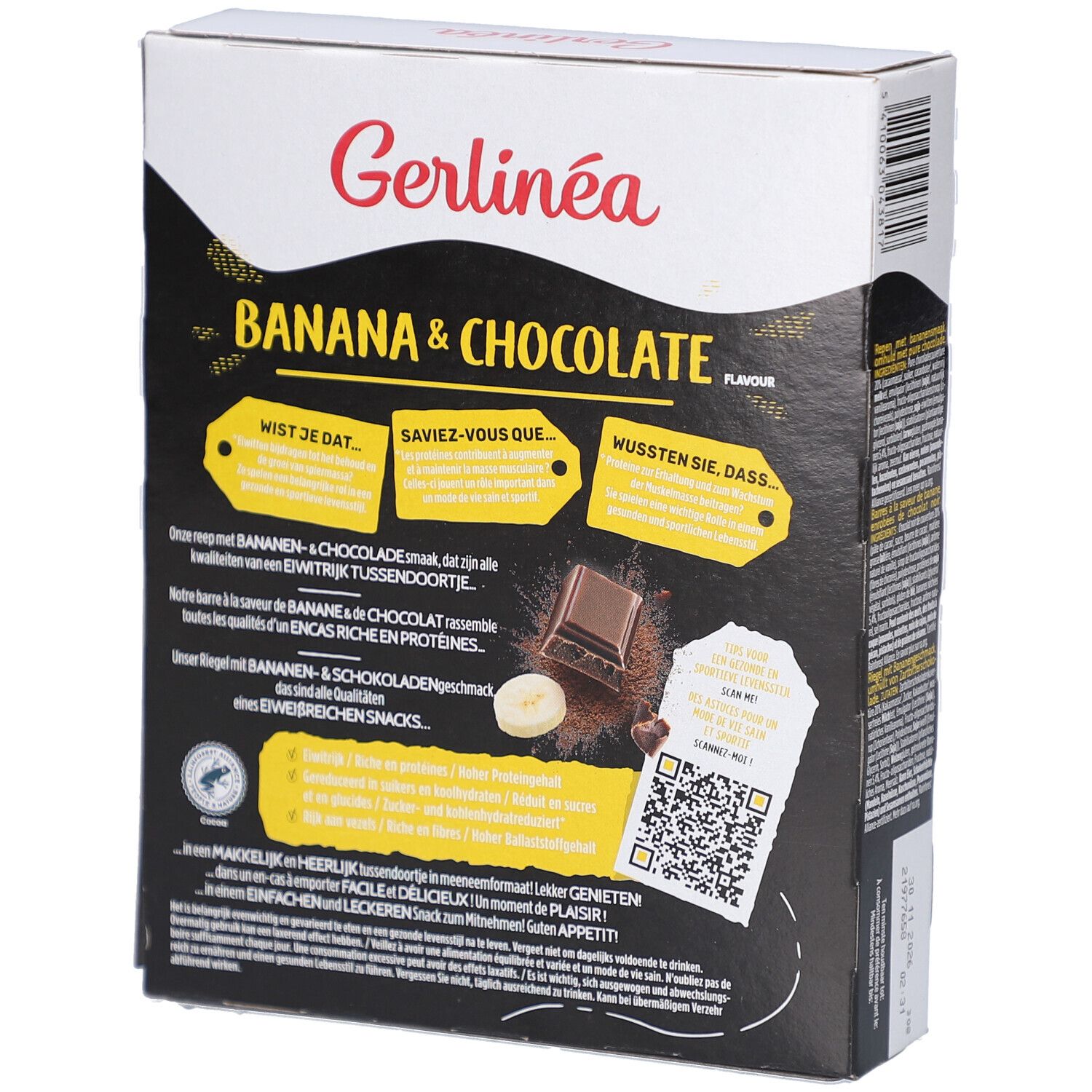 Rückseite der Gerlinéa Fit & Protein Banane & Chocolat Schachtel. Text und QR-Code. 10 Riegel.