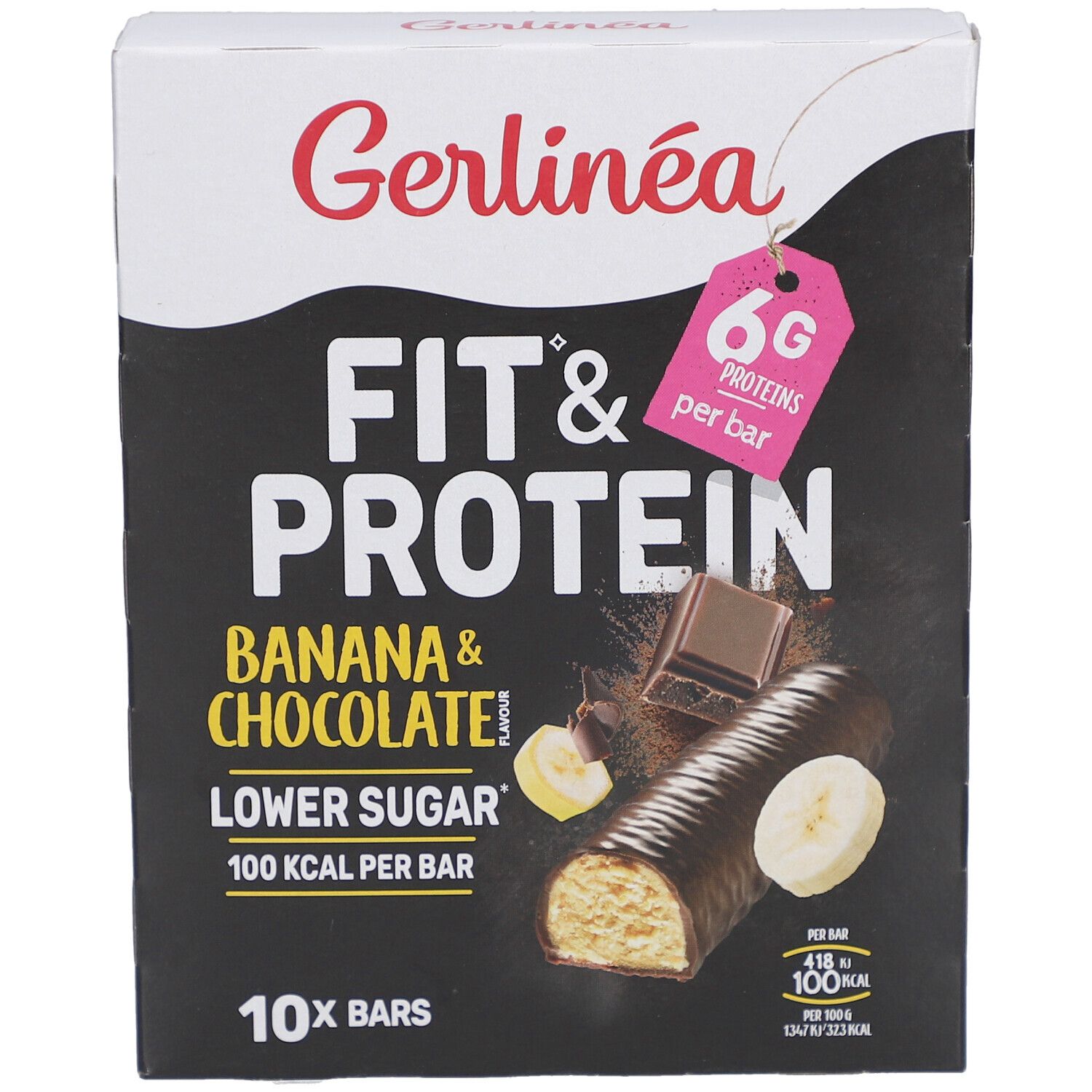 Gerlinéa Fit & Protein Banane & Chocolat. Schachtel mit Riegeln. 6g Protein pro Riegel. 10 Riegel.