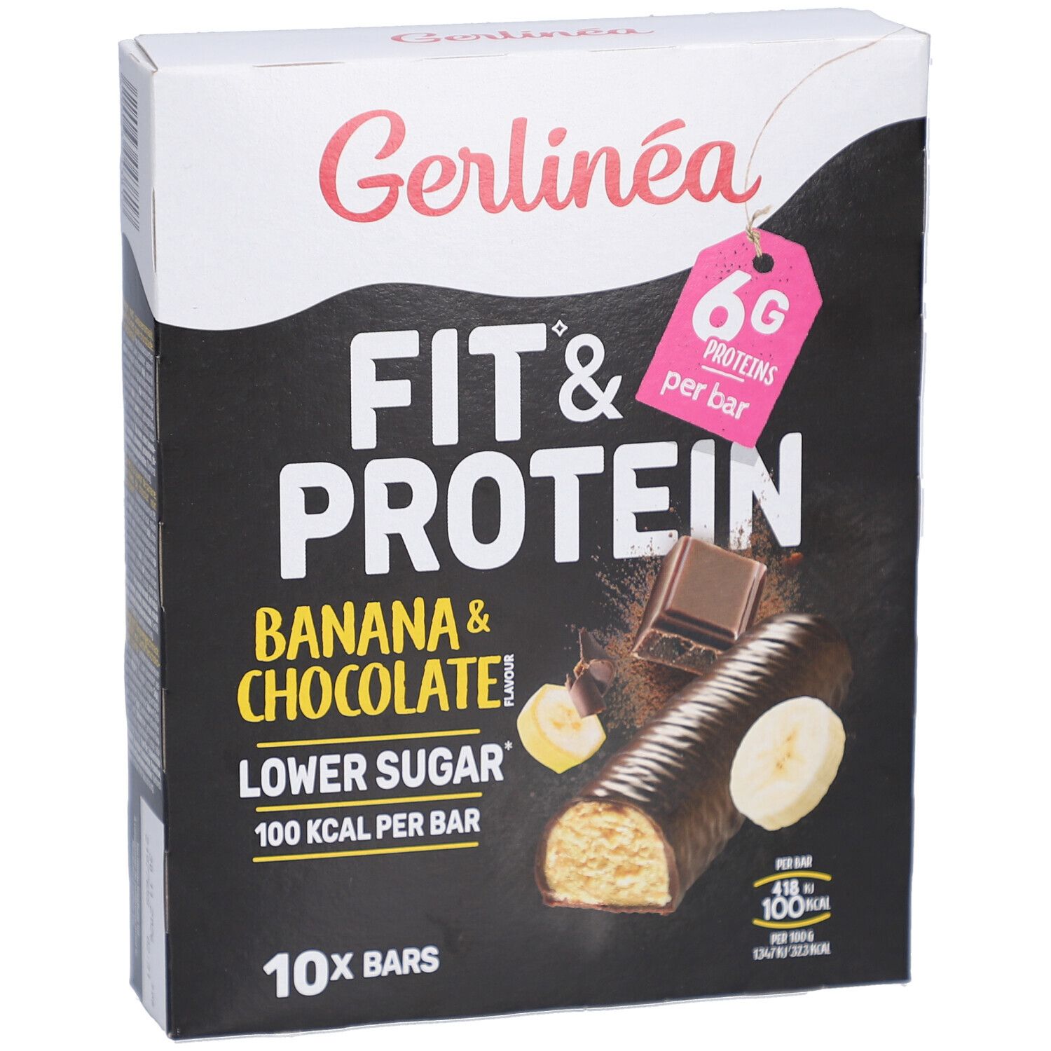 Gerlinéa Fit & Protein Banane & Chocolat. Schachtel mit Riegeln. 6g Protein pro Riegel. 10 Riegel.