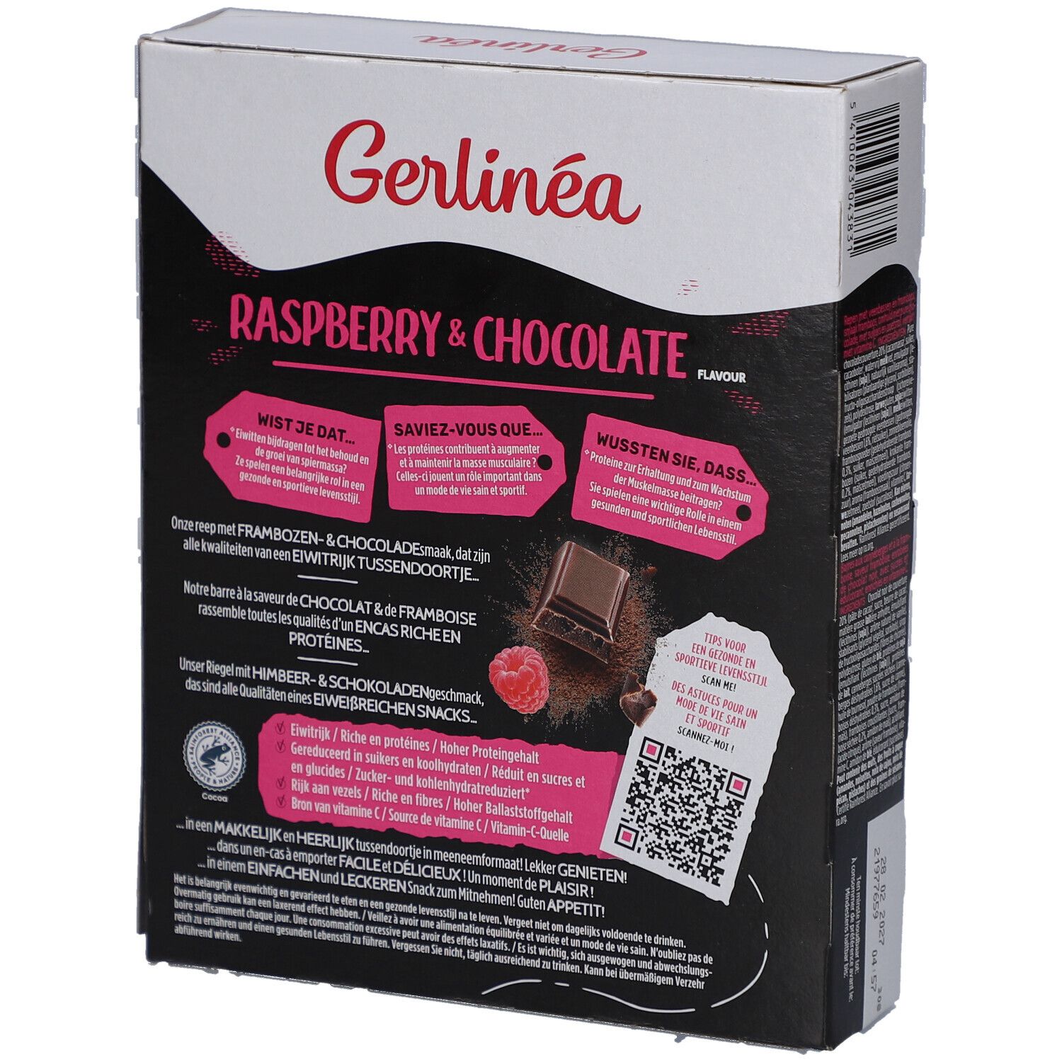 Dos de la boîte de barres Gerlinéa Fit & Protein Framboise & Chocolat. Texte et informations nutritionnelles.