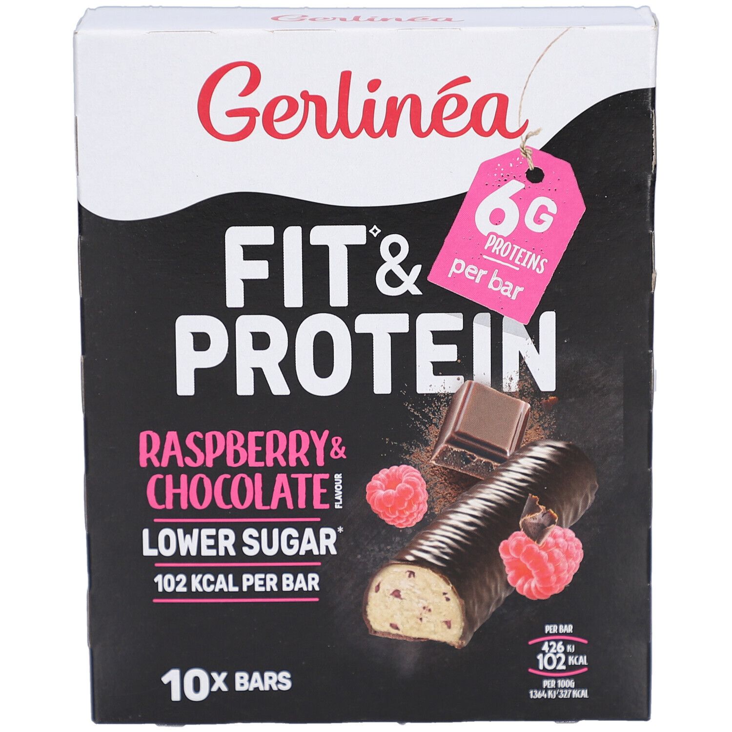 Boîte de barres Gerlinéa Fit & Protein Framboise & Chocolat. 10 barres. 6g protéines par barre. 102 kcal par barre.