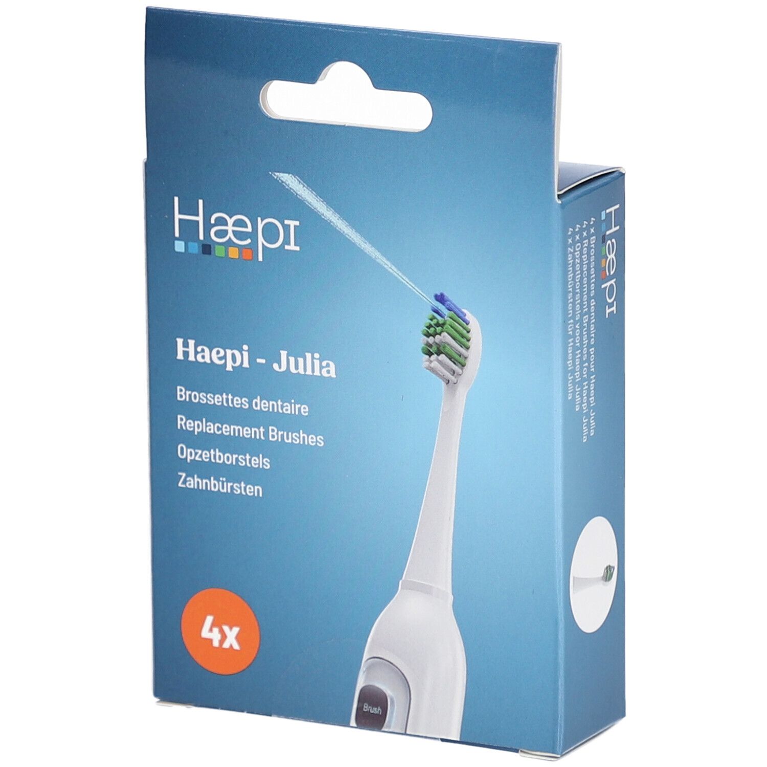 Zahnbürstenaufsätze für Haepi-Julia. Verpackung mit 4 Stück. Aufsatz mit grünen, blauen Borsten.